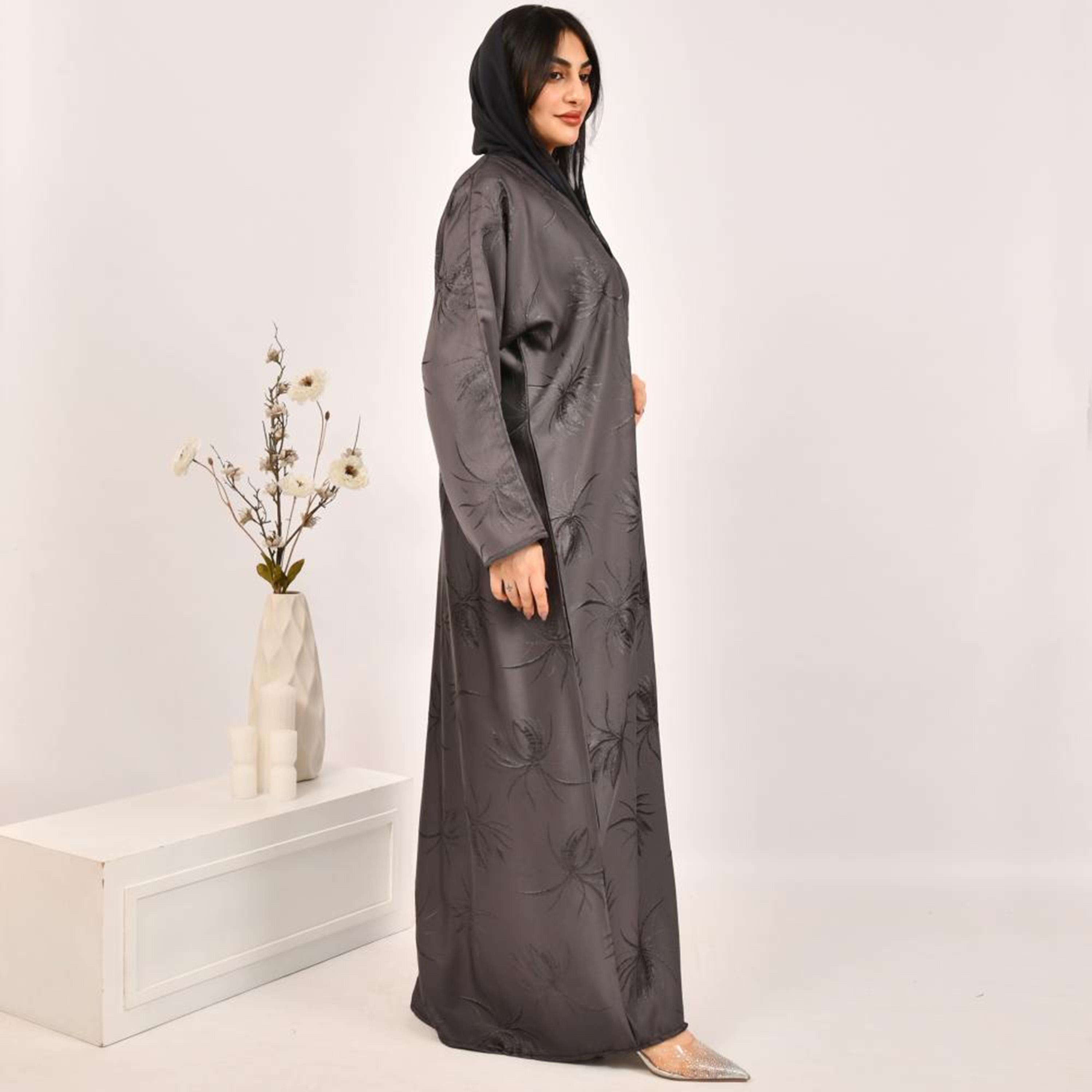 Beyond Abaya Grey Embroidered Jacquard Women's Abaya with Hijab-women-arabicclothing-abayas-image-5