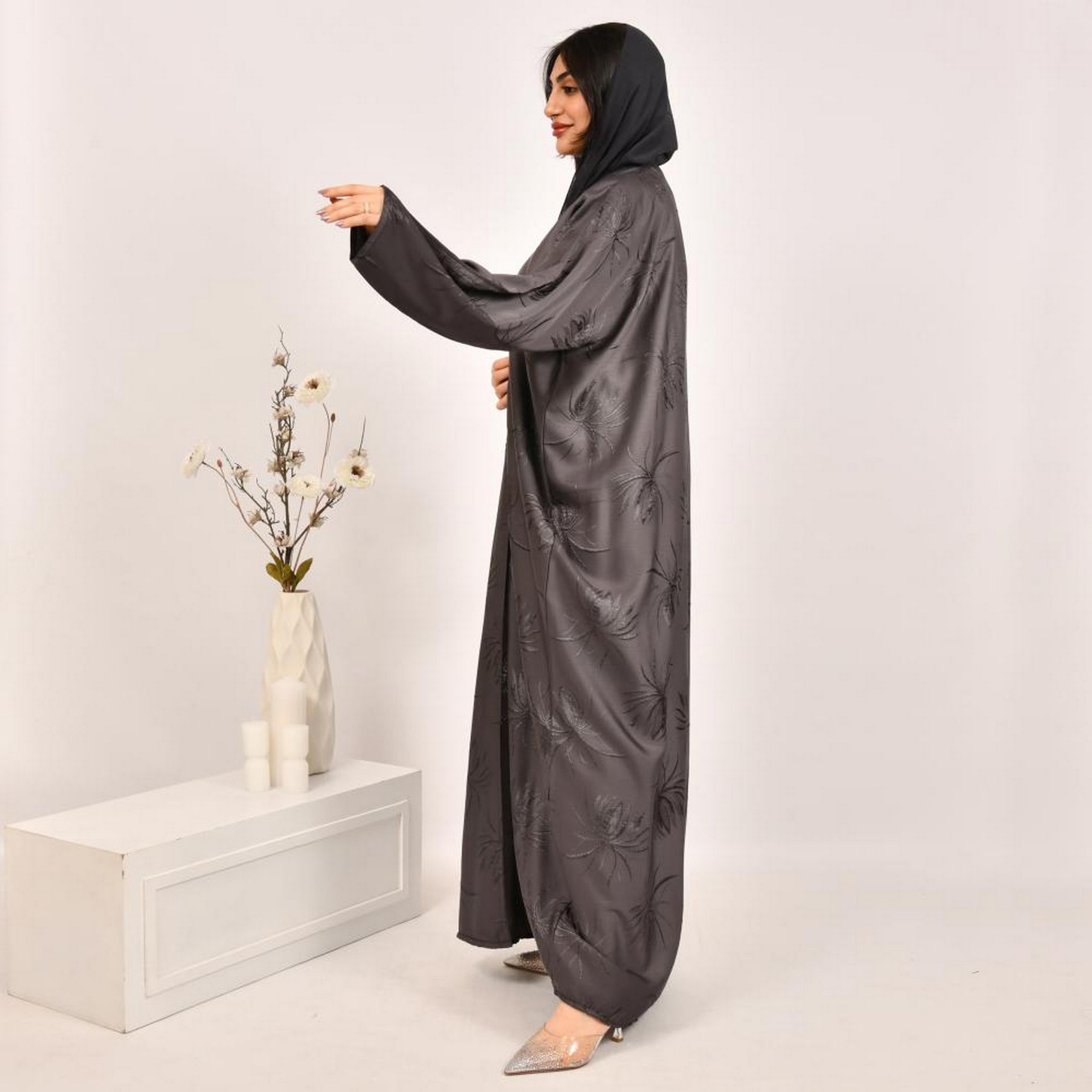 Beyond Abaya Grey Embroidered Jacquard Women's Abaya with Hijab-women-arabicclothing-abayas-image-6