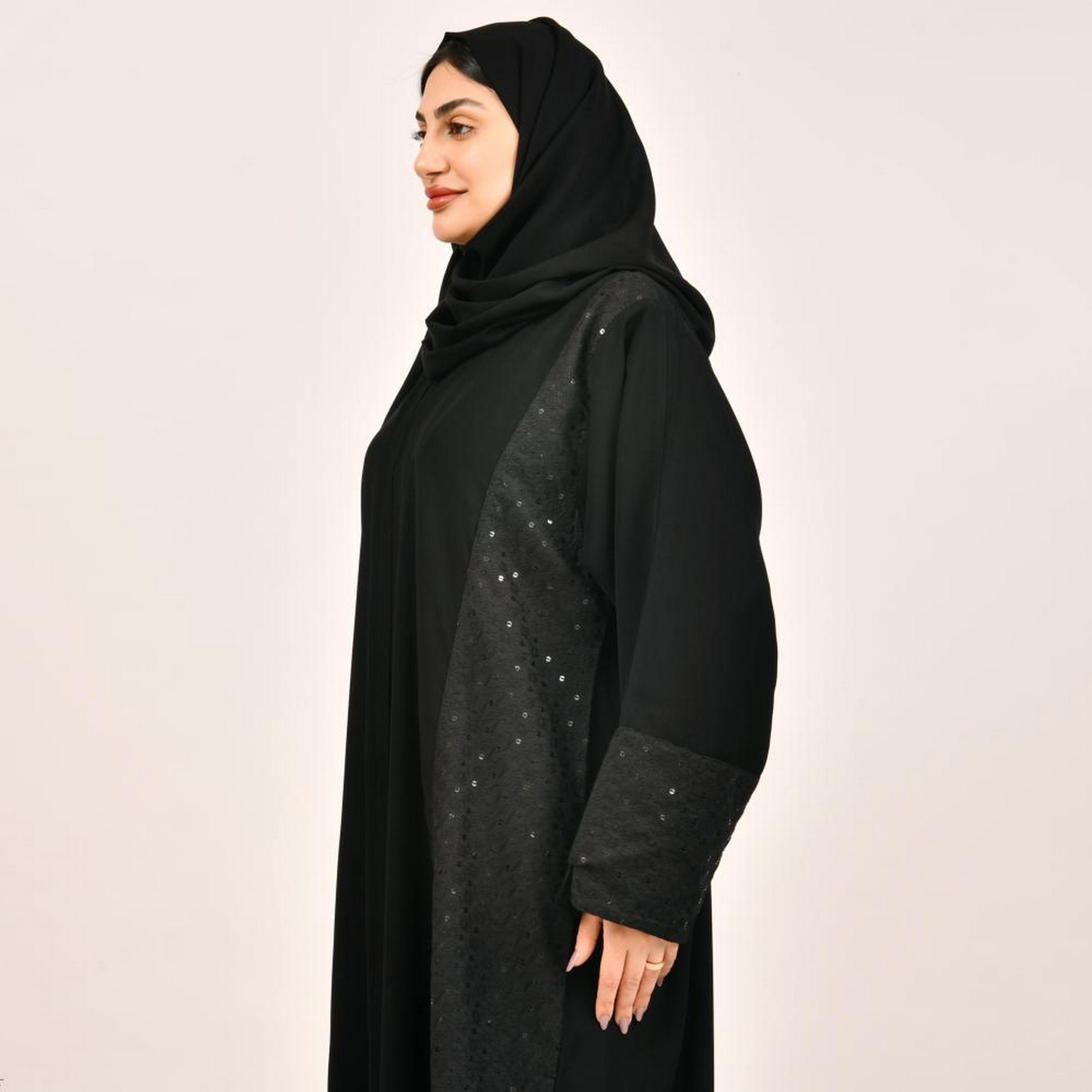 Beyond Abaya Black Embroidered and Sequined Panel Jacquard Women's Abaya with Hijab-women-arabicclothing-abayas-image-2