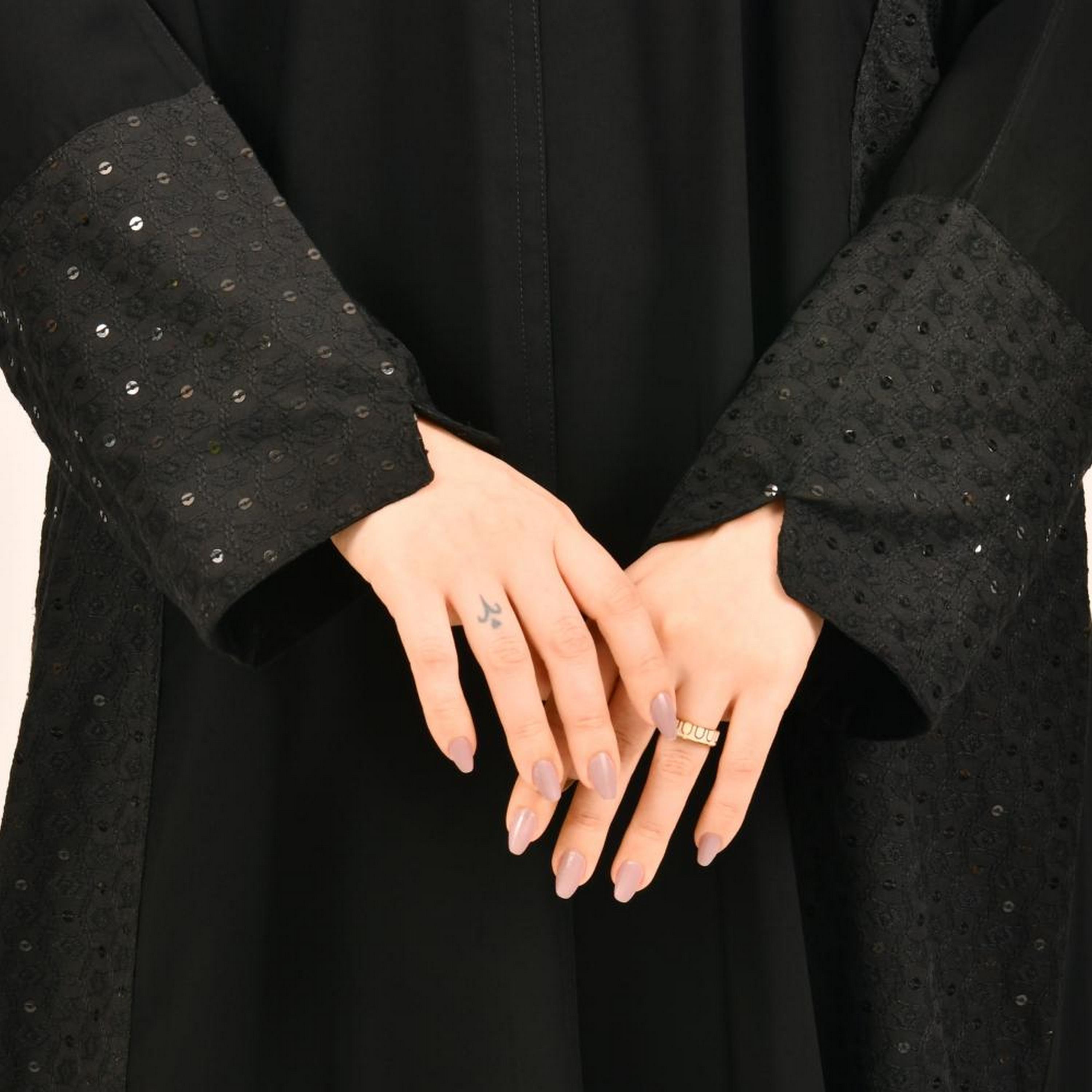 Beyond Abaya Black Embroidered and Sequined Panel Jacquard Women's Abaya with Hijab-women-arabicclothing-abayas-image-3