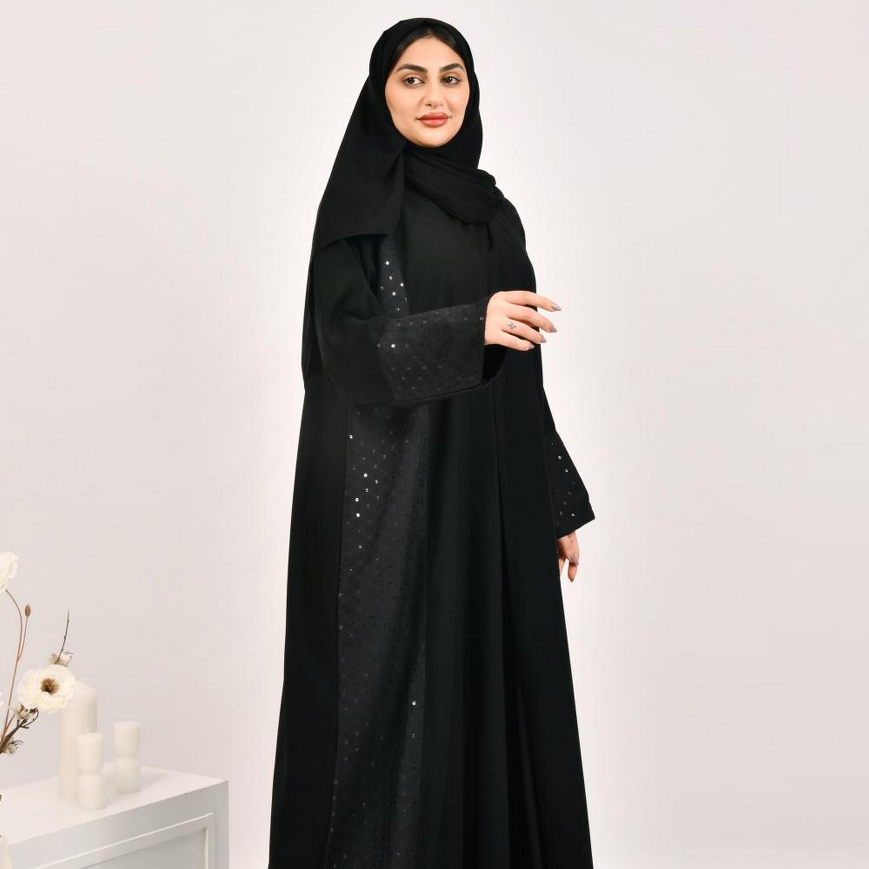 Beyond Abaya Black Embroidered and Sequined Panel Jacquard Women's Abaya with Hijab-women-arabicclothing-abayas-image-5