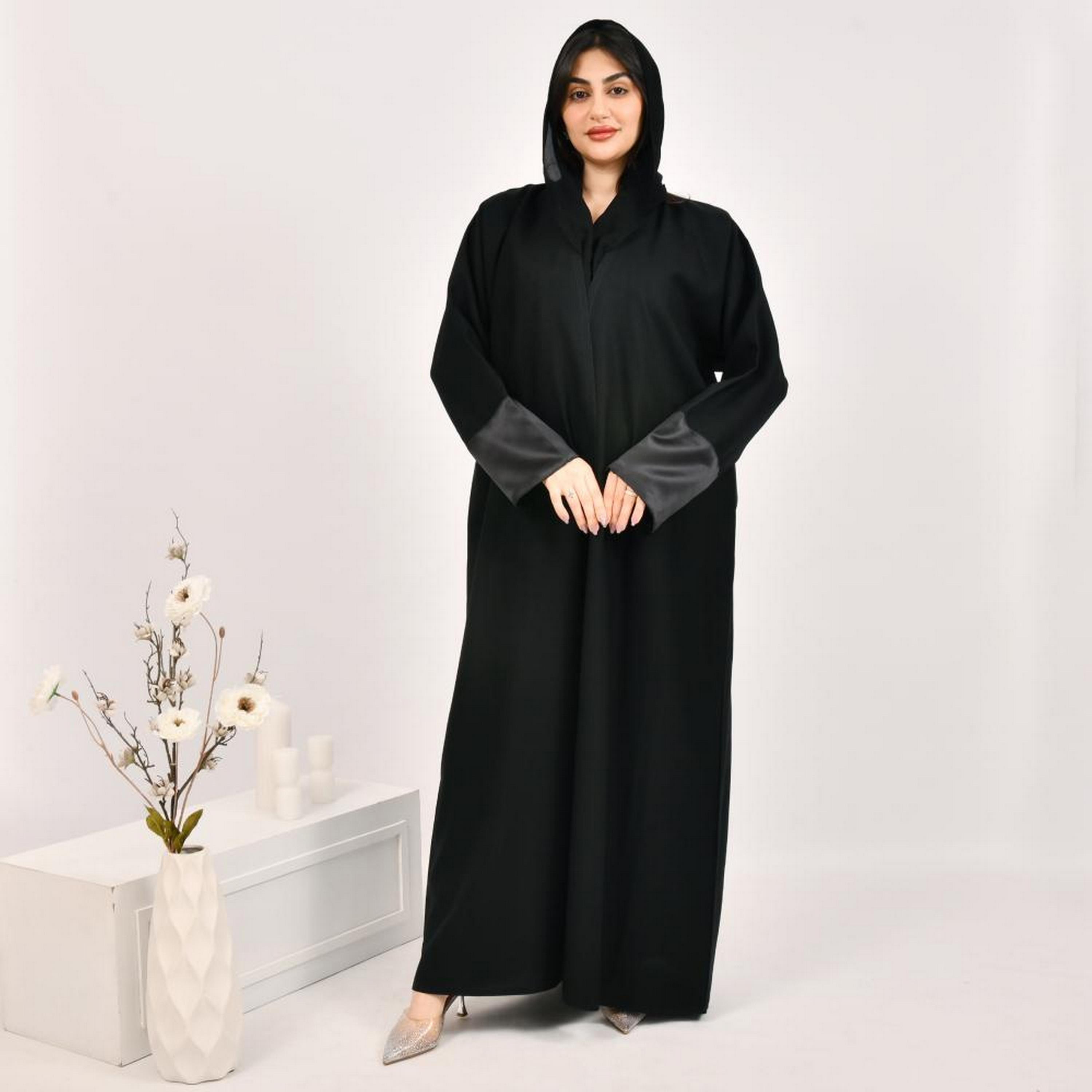 Beyond Abaya Black Leaf Print Jacquard Women's Abaya with Hijab-women-arabicclothing-abayas-image-1