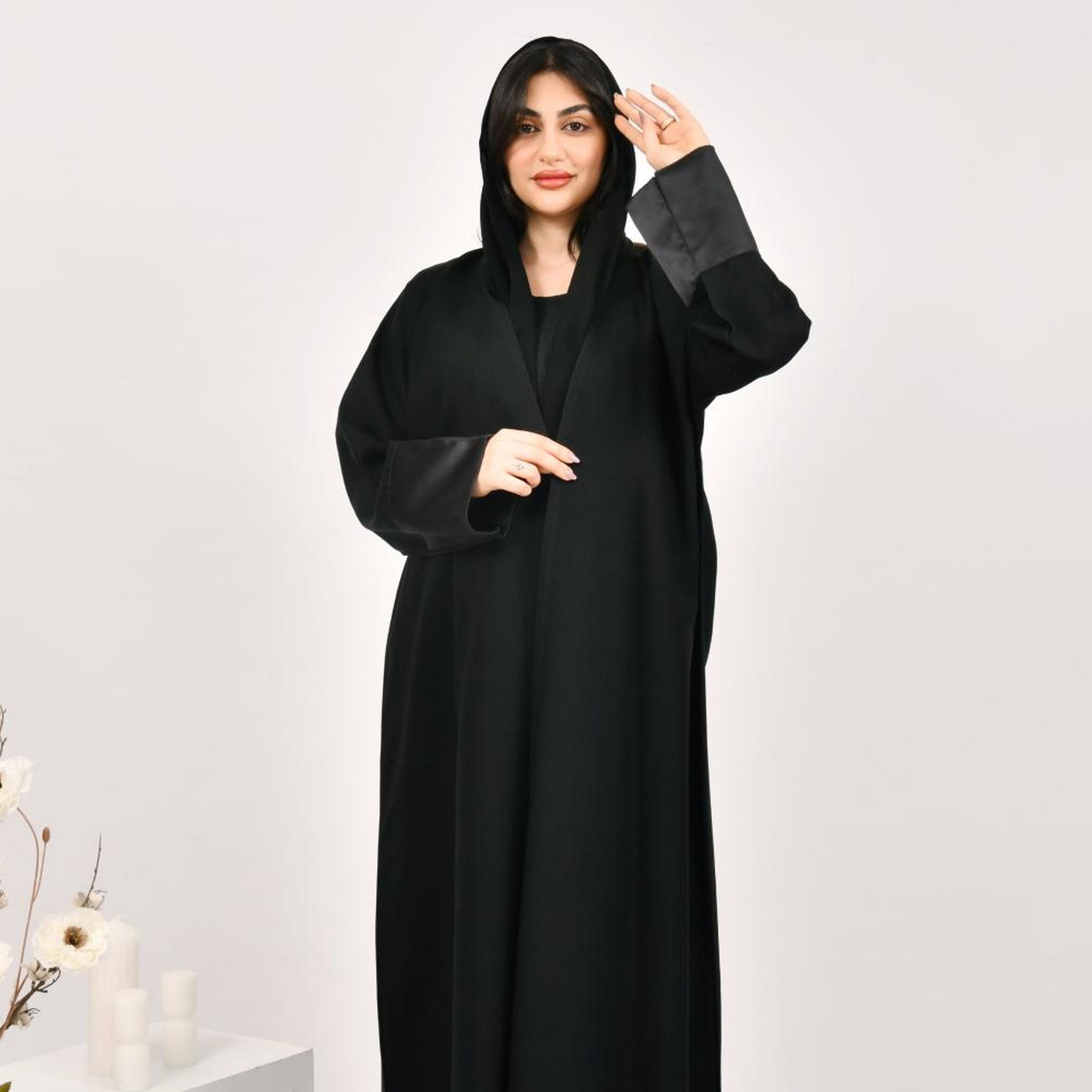Beyond Abaya Black Leaf Print Jacquard Women's Abaya with Hijab-women-arabicclothing-abayas-image-2