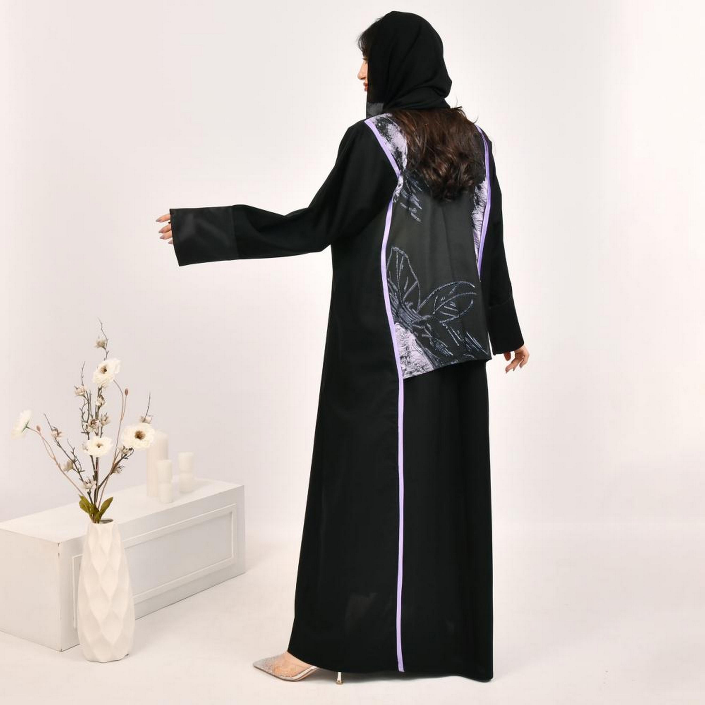 Beyond Abaya Black Leaf Print Jacquard Women's Abaya with Hijab-women-arabicclothing-abayas-image-4