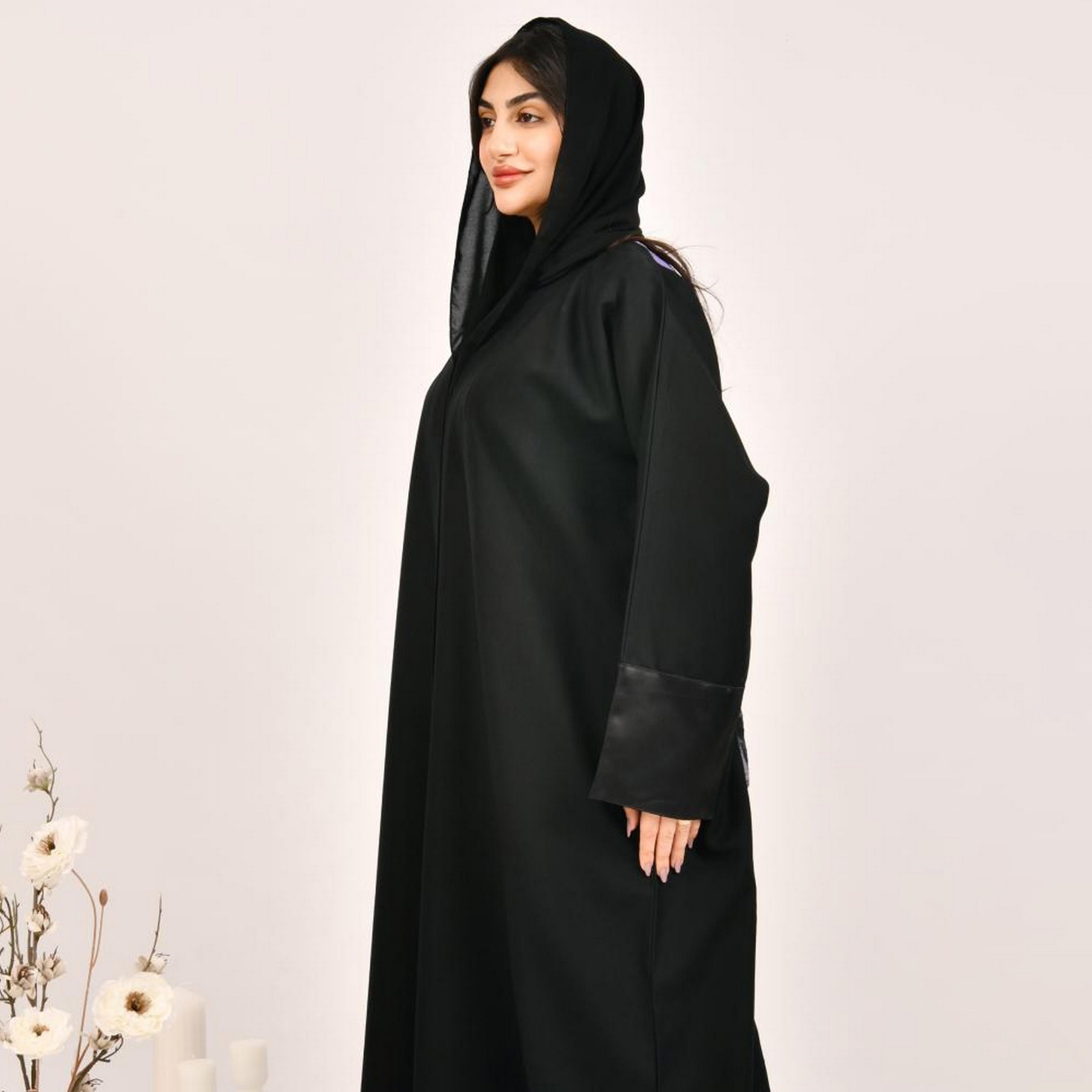 Beyond Abaya Black Leaf Print Jacquard Women's Abaya with Hijab-women-arabicclothing-abayas-image-5