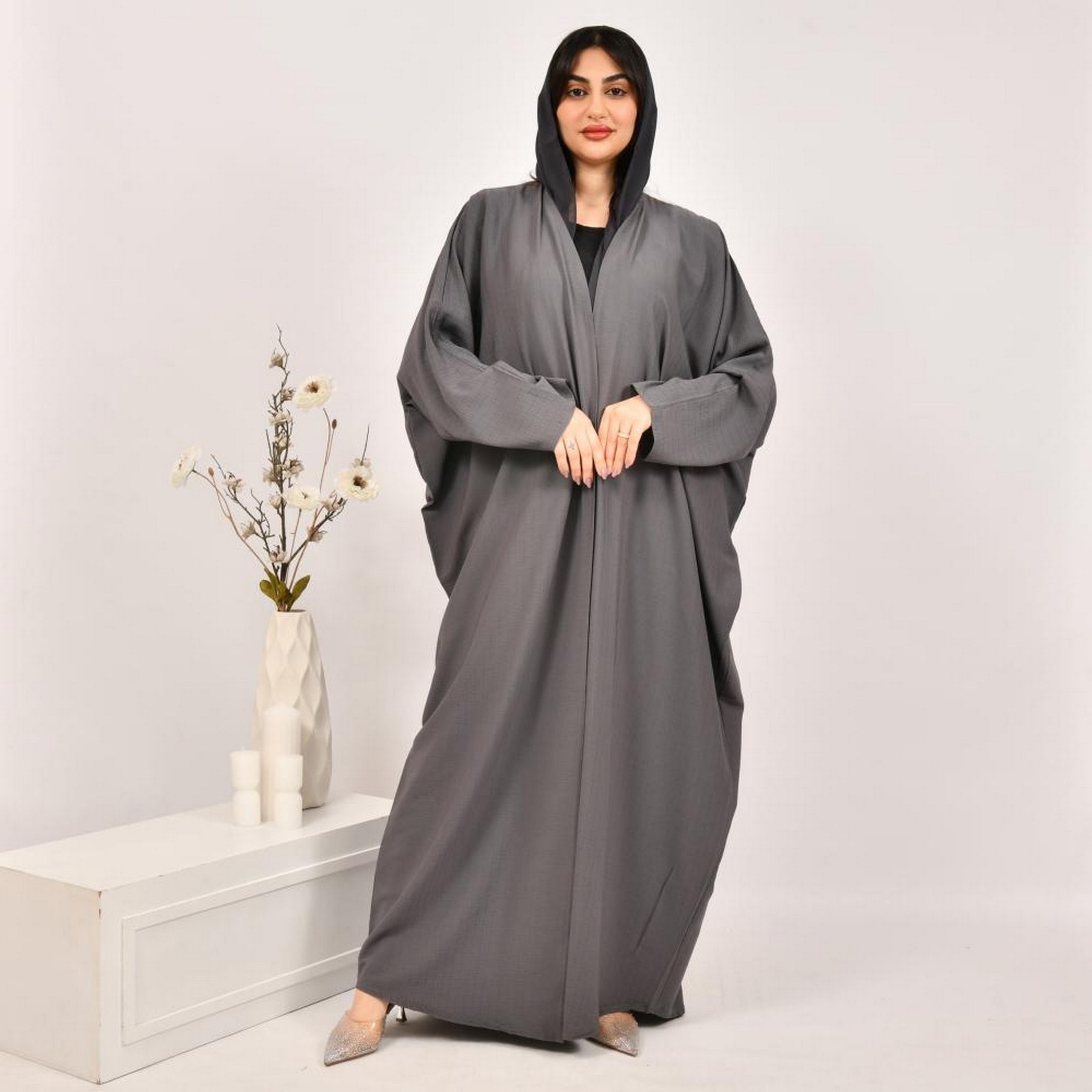 Beyond Abaya Grey Jacquard Women's Bisht Abaya with Hijab-women-arabicclothing-abayas-image-1