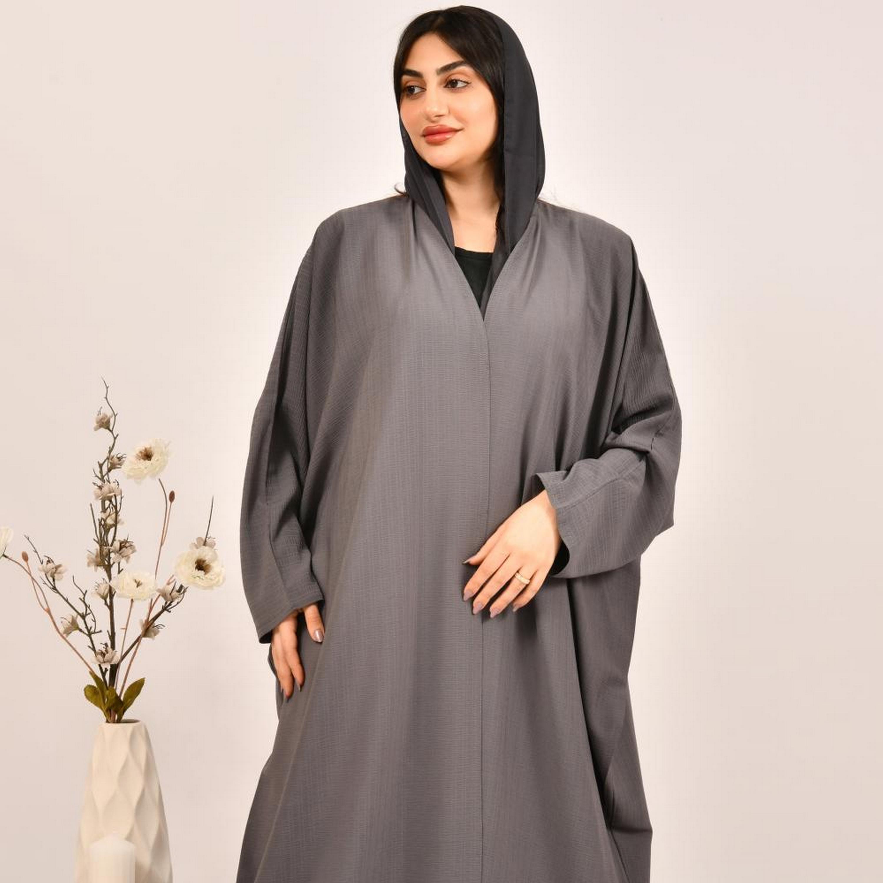 Beyond Abaya Grey Jacquard Women's Bisht Abaya with Hijab-women-arabicclothing-abayas-image-2