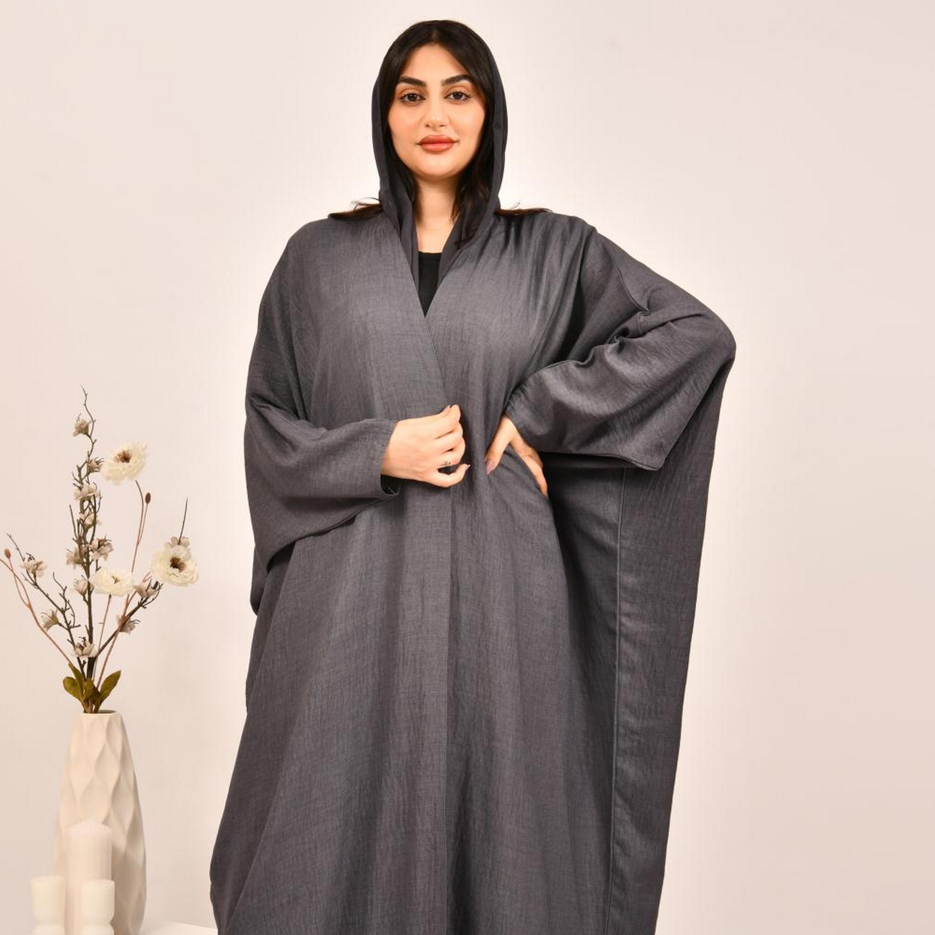 عباية بيشت من الكتان الرمادي مع حجاب من بيوند عباية-women-arabicclothing-abayas-image-3