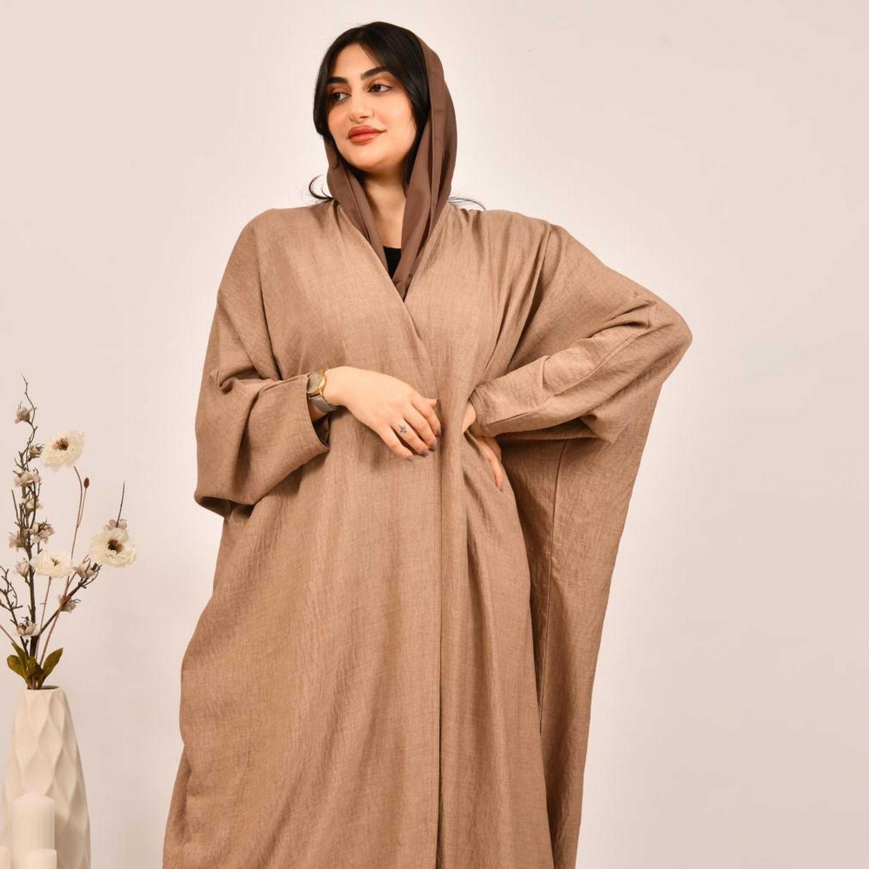 عباية بيشت من الكتان البيج مع حجاب من بيوند عباية-women-arabicclothing-abayas-image-2