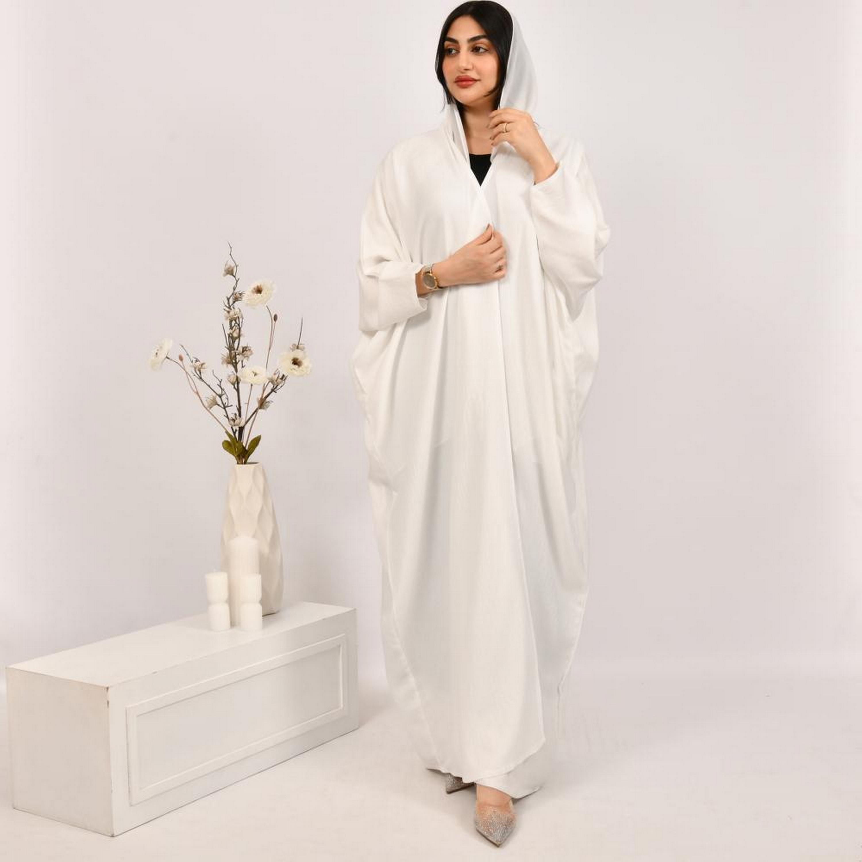 Beyond Abaya White Jacquard Women's Bisht Abaya with Hijab-women-arabicclothing-abayas-image-1