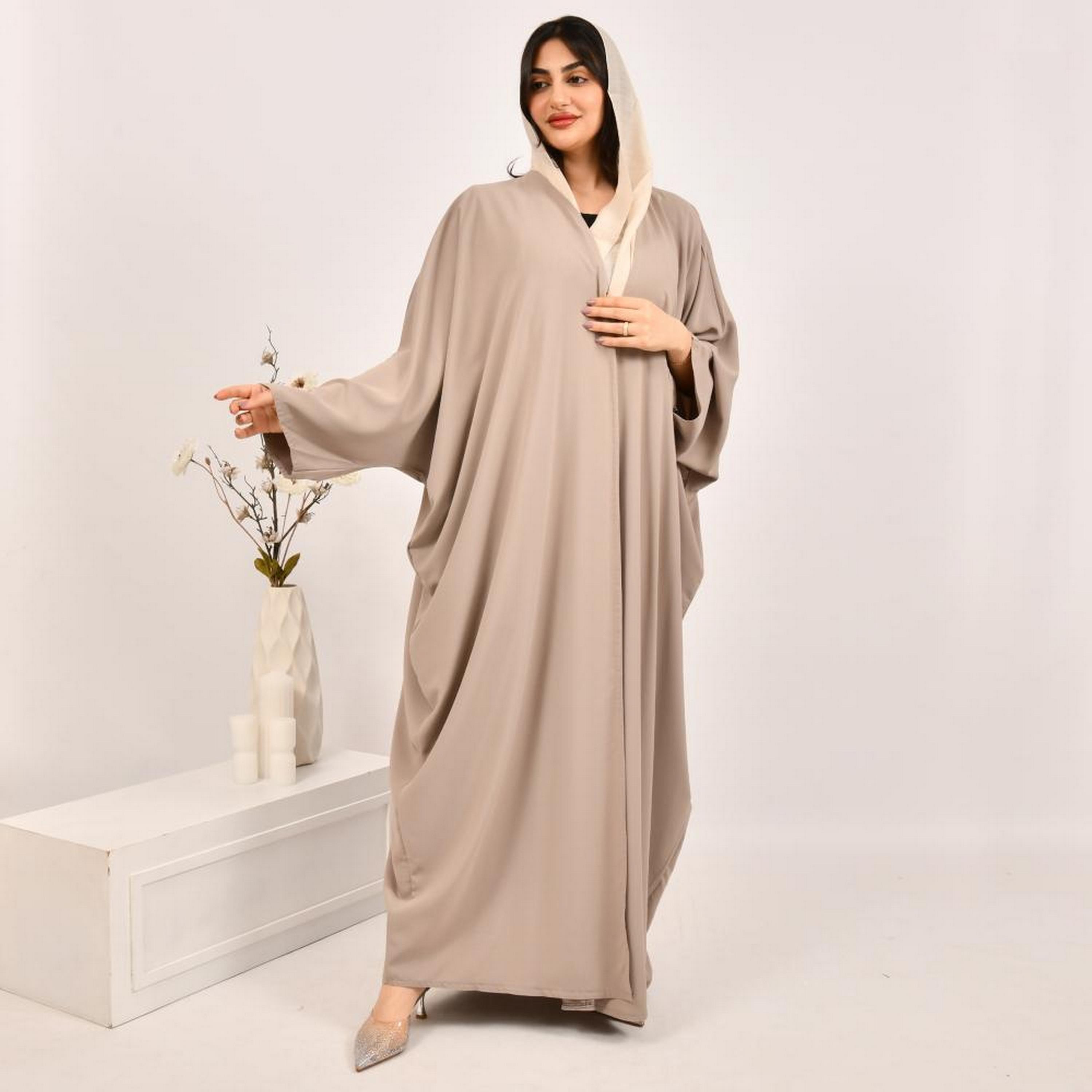 Beyond Abaya Beige Jacquard Women's Bisht Abaya with Hijab-women-arabicclothing-abayas-image-1