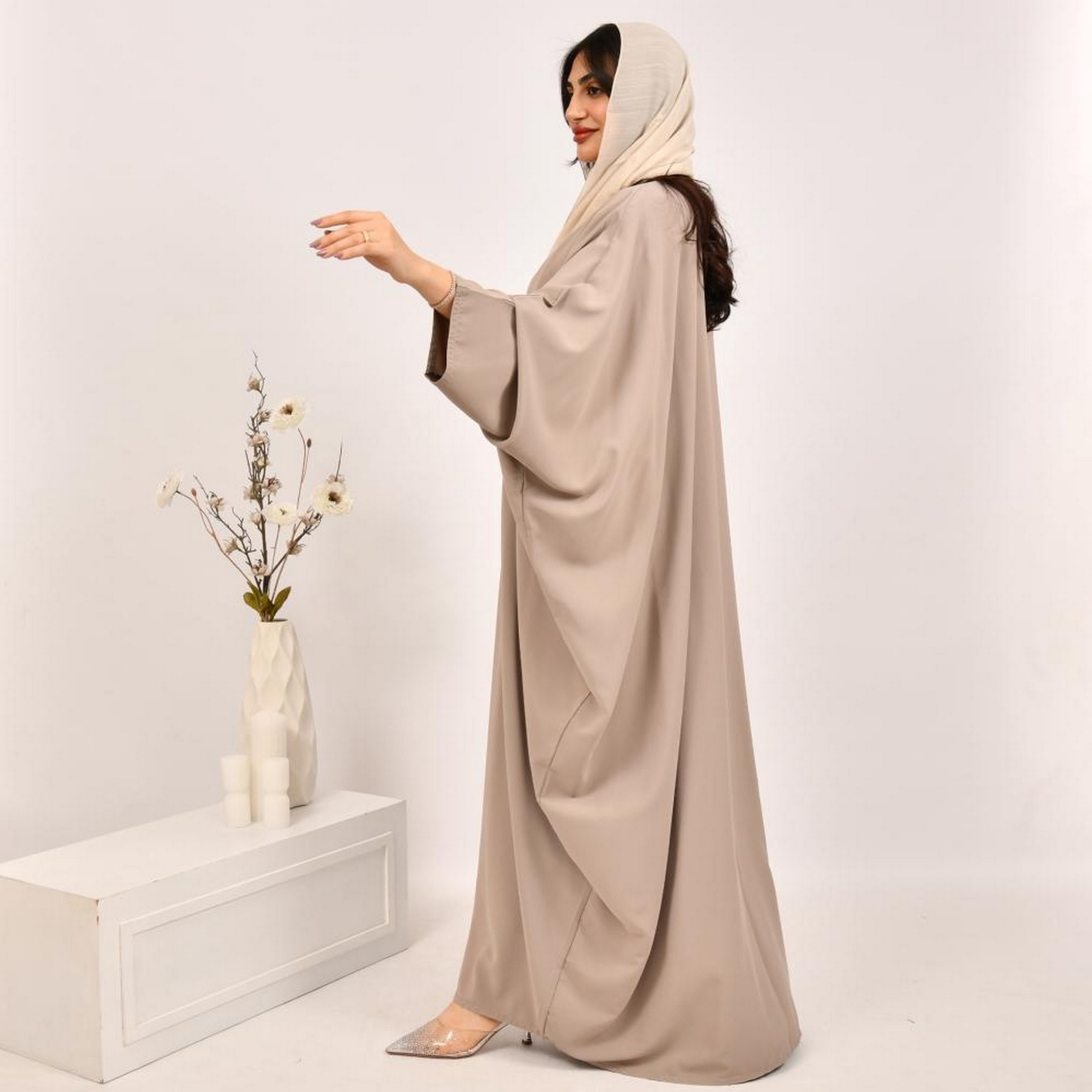 Beyond Abaya Beige Jacquard Women's Bisht Abaya with Hijab-women-arabicclothing-abayas-image-3