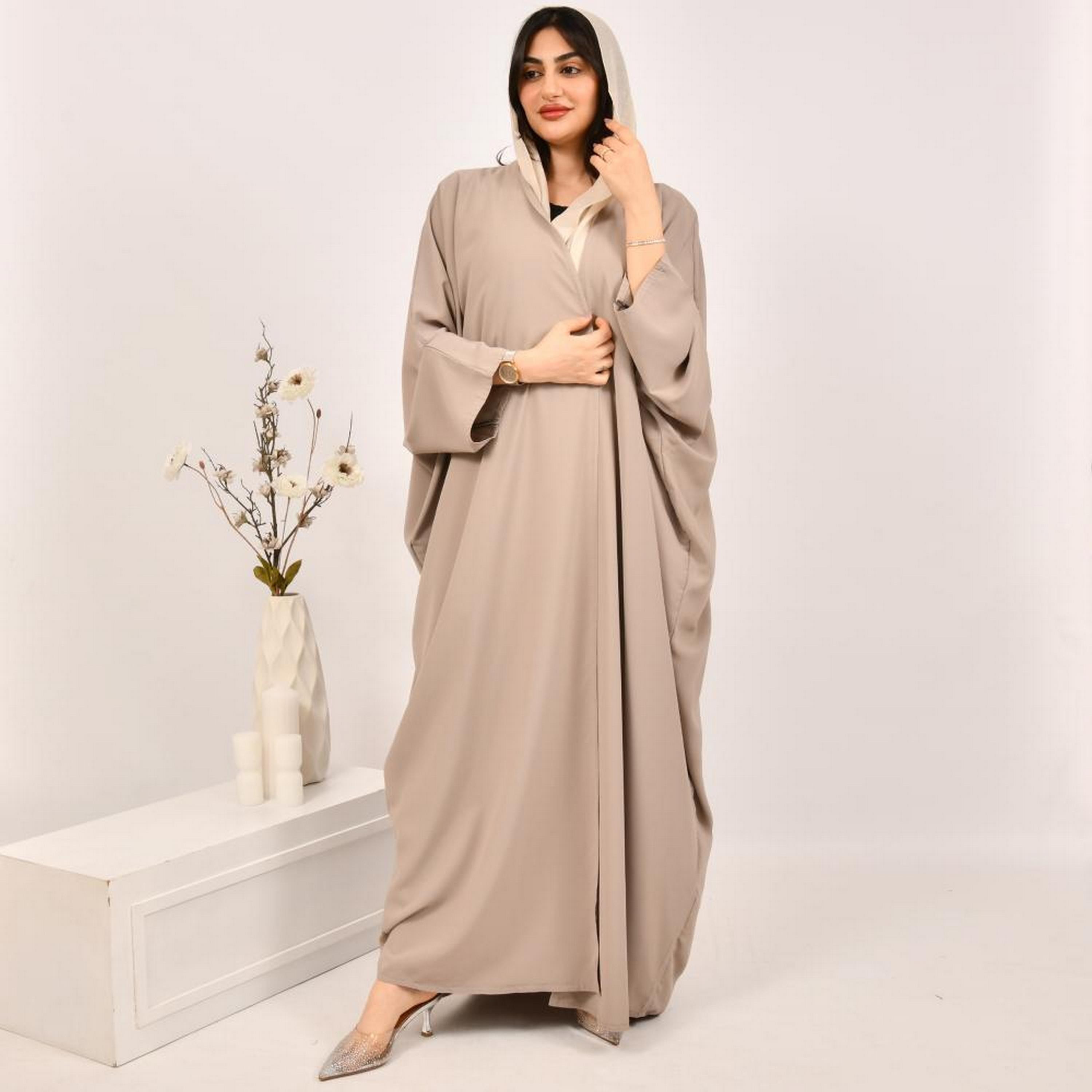 Beyond Abaya Beige Jacquard Women's Bisht Abaya with Hijab-women-arabicclothing-abayas-image-4