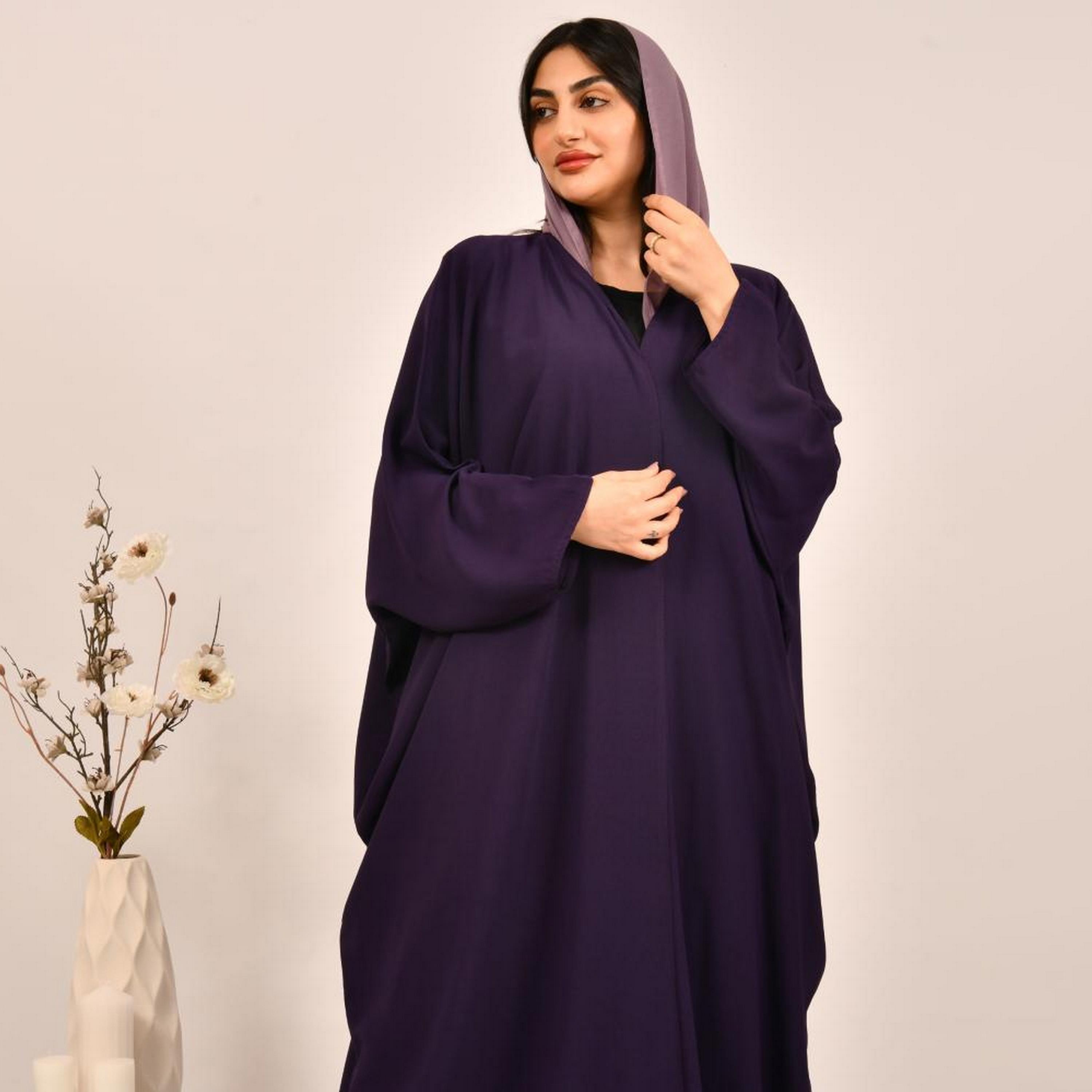 عباية بيشت من الكتان البنفسجي مع حجاب من بيوند عباية-women-arabicclothing-abayas-image-3