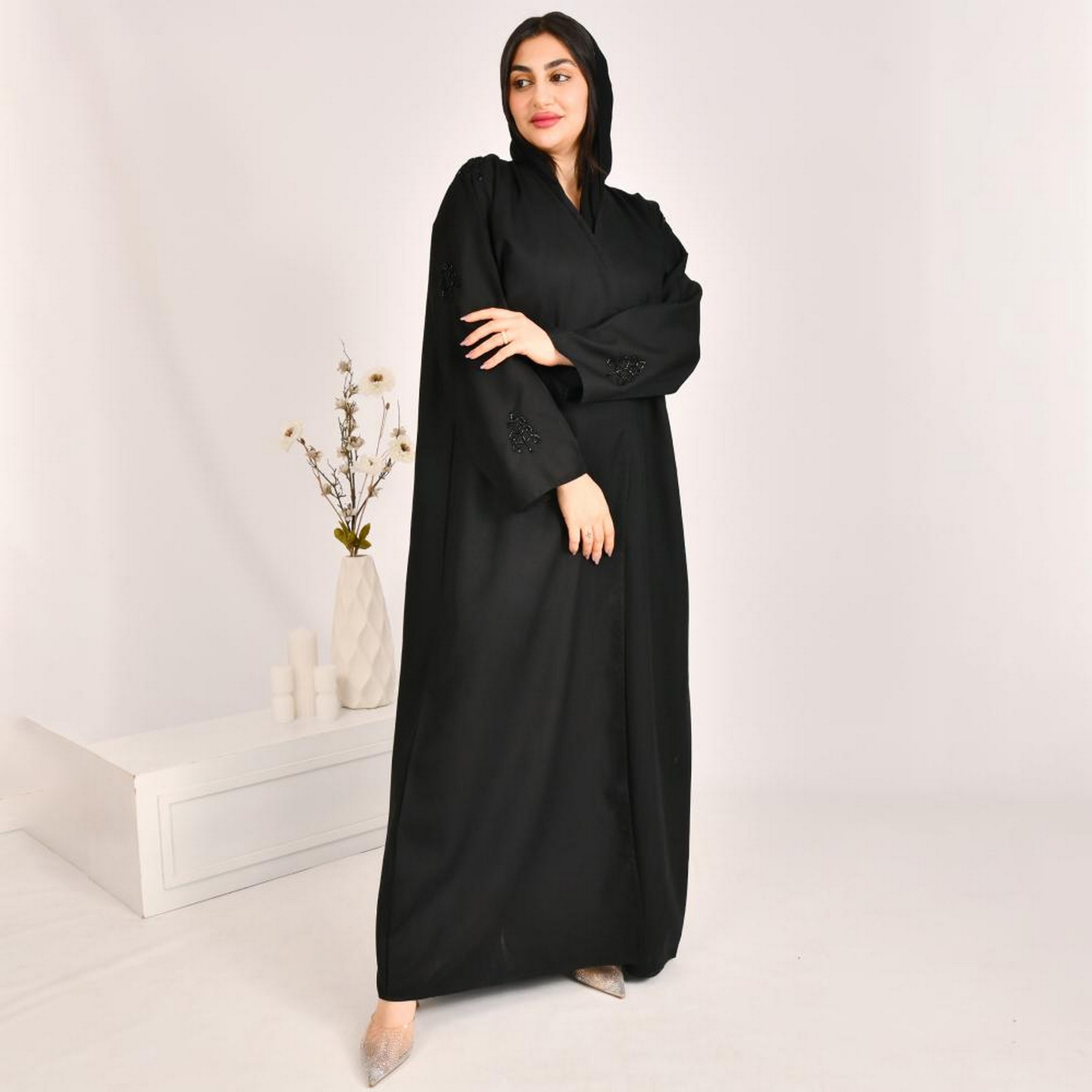 Beyond Abaya Black Bead Work Sleeves Linen Women's Abaya with Hijab-women-arabicclothing-abayas-image-1