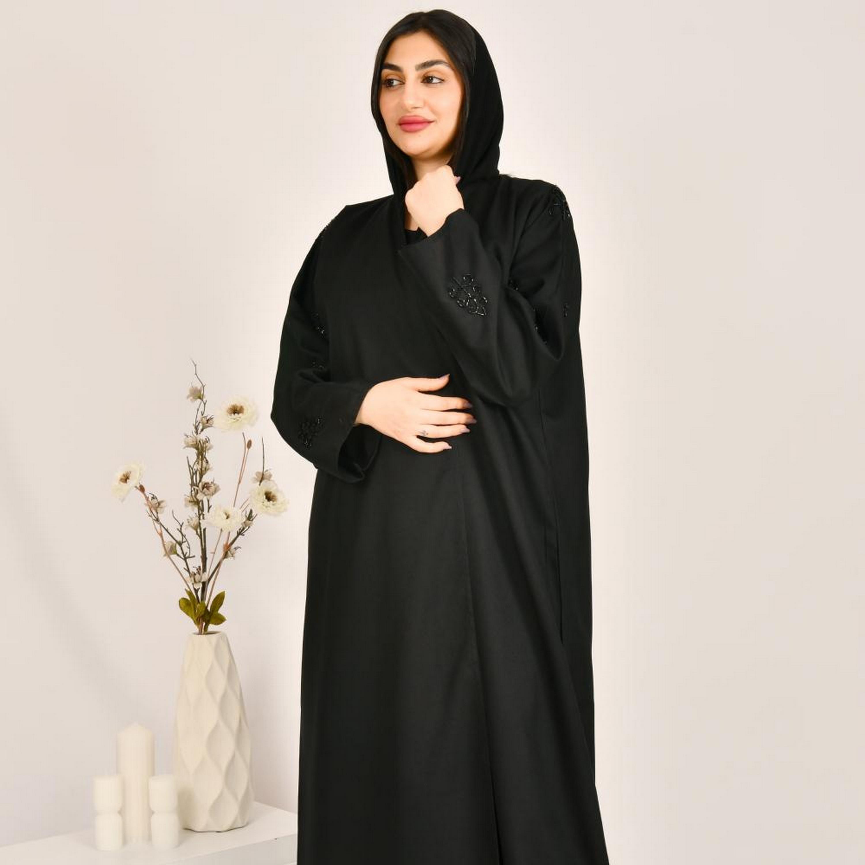 Beyond Abaya Black Bead Work Sleeves Linen Women's Abaya with Hijab-women-arabicclothing-abayas-image-2