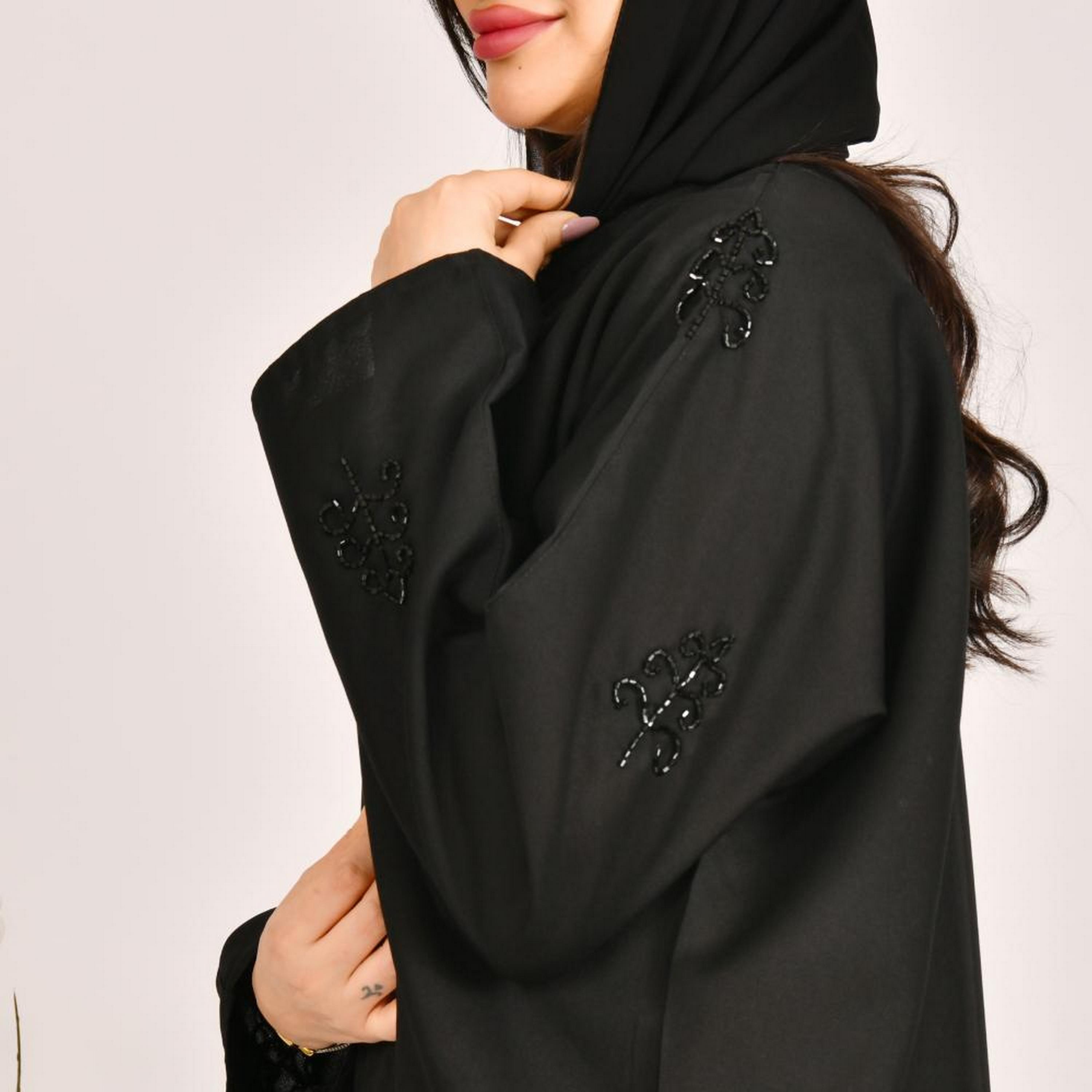 Beyond Abaya Black Bead Work Sleeves Linen Women's Abaya with Hijab-women-arabicclothing-abayas-image-3