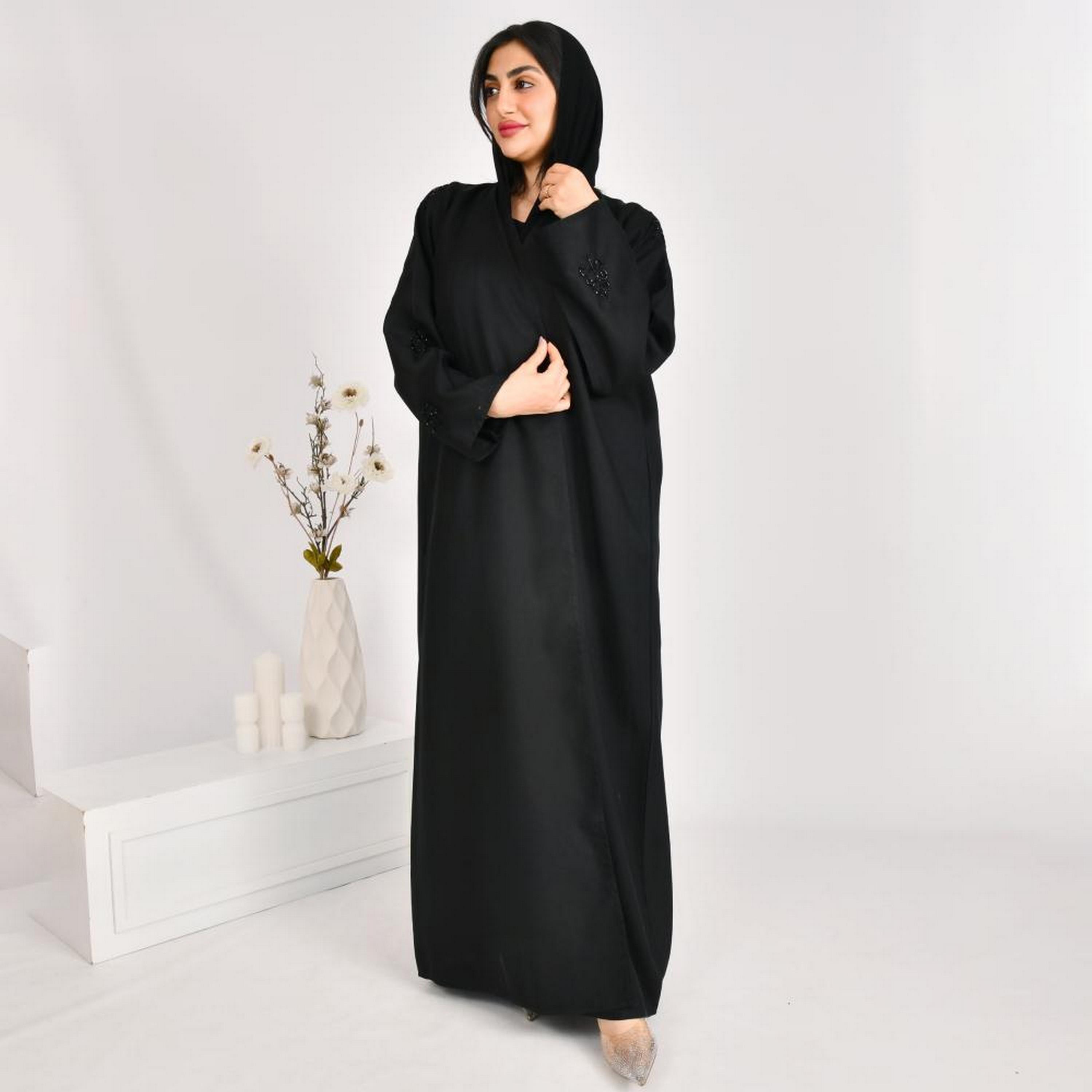 Beyond Abaya Black Bead Work Sleeves Linen Women's Abaya with Hijab-women-arabicclothing-abayas-image-4