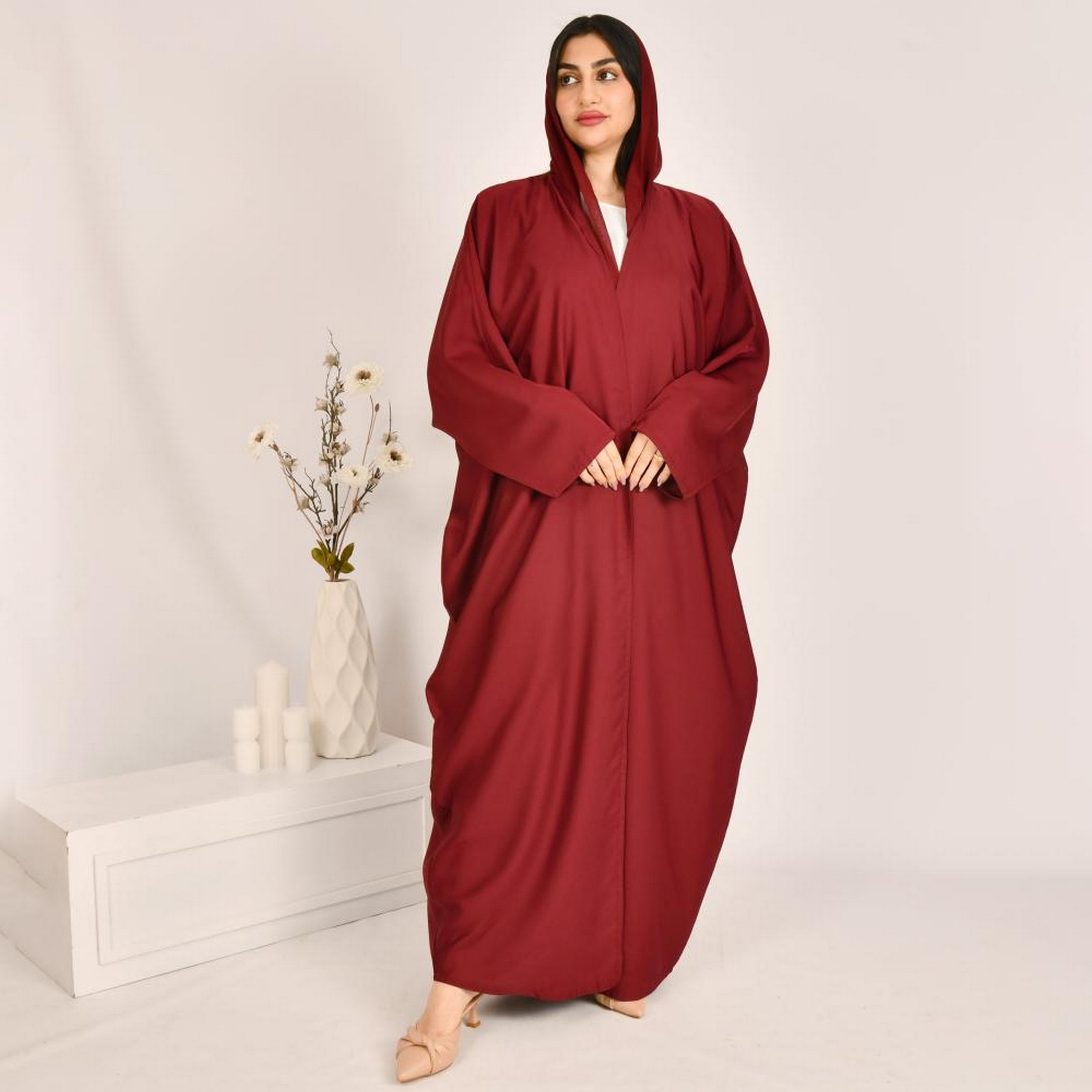 Beyond Abaya Red Linen Women's Bisht Abaya with Hijab-women-arabicclothing-abayas-image-1