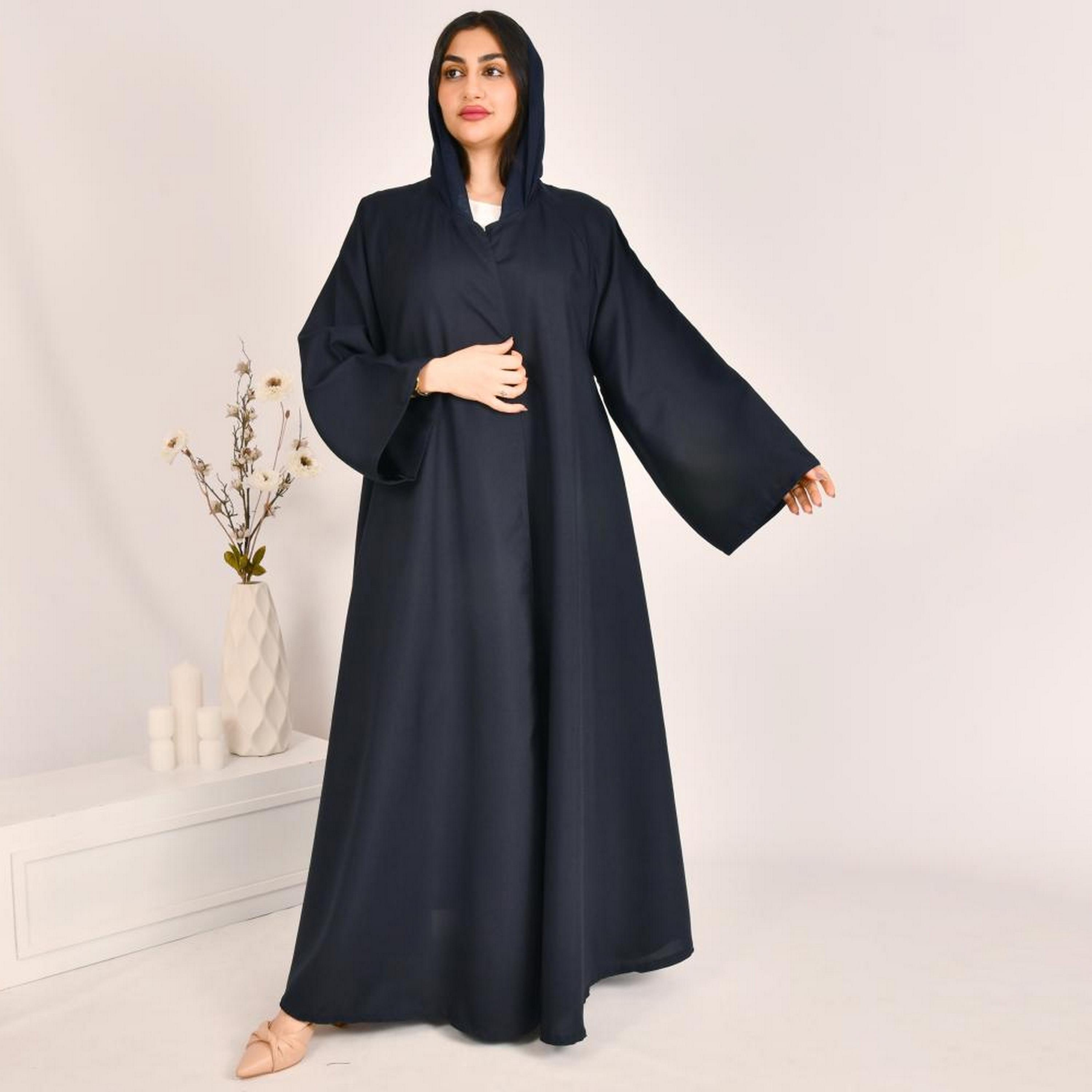 عباية كلوش بأكمام واسعة من الكتان الأزرق الداكن مع حجاب من بيوند عباية-women-arabicclothing-abayas-image-4