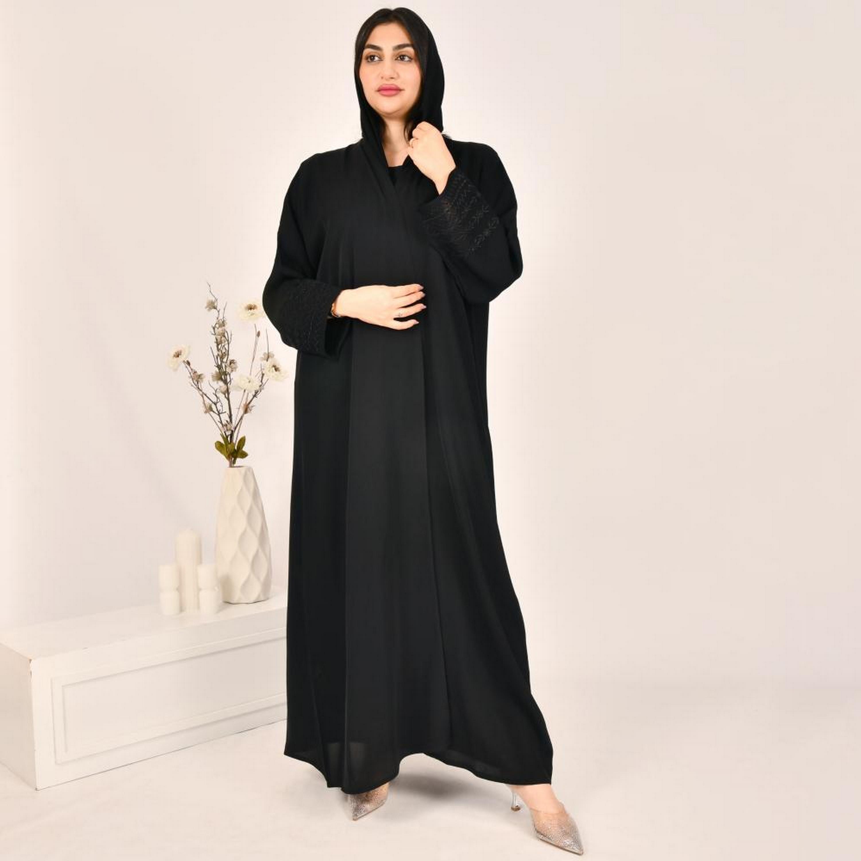 Beyond Abaya Black Embroidered Cuff Sleeves Linen Women's Abaya with Hijab-women-arabicclothing-abayas-image-1