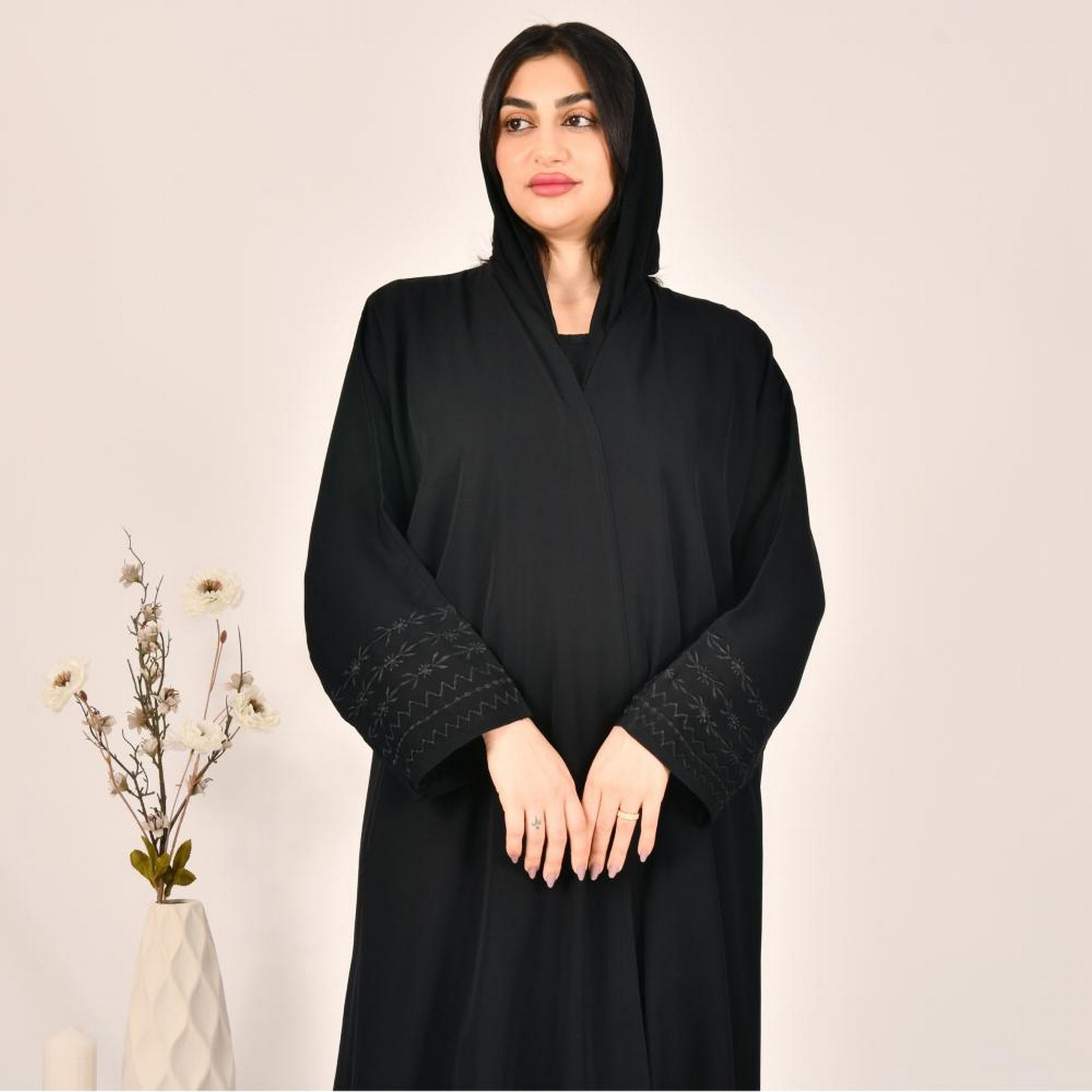 Beyond Abaya Black Embroidered Cuff Sleeves Linen Women's Abaya with Hijab-women-arabicclothing-abayas-image-2