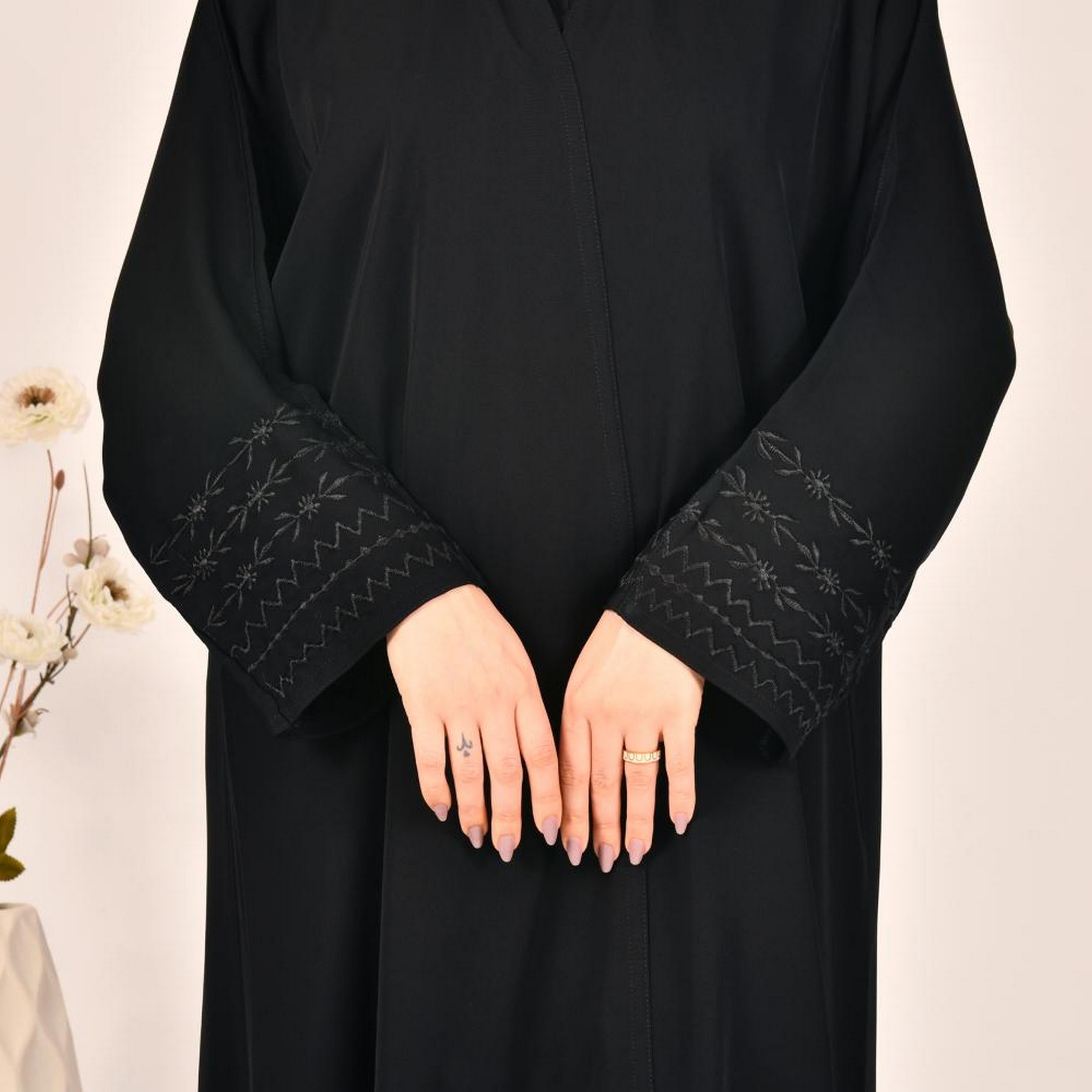 Beyond Abaya Black Embroidered Cuff Sleeves Linen Women's Abaya with Hijab-women-arabicclothing-abayas-image-3