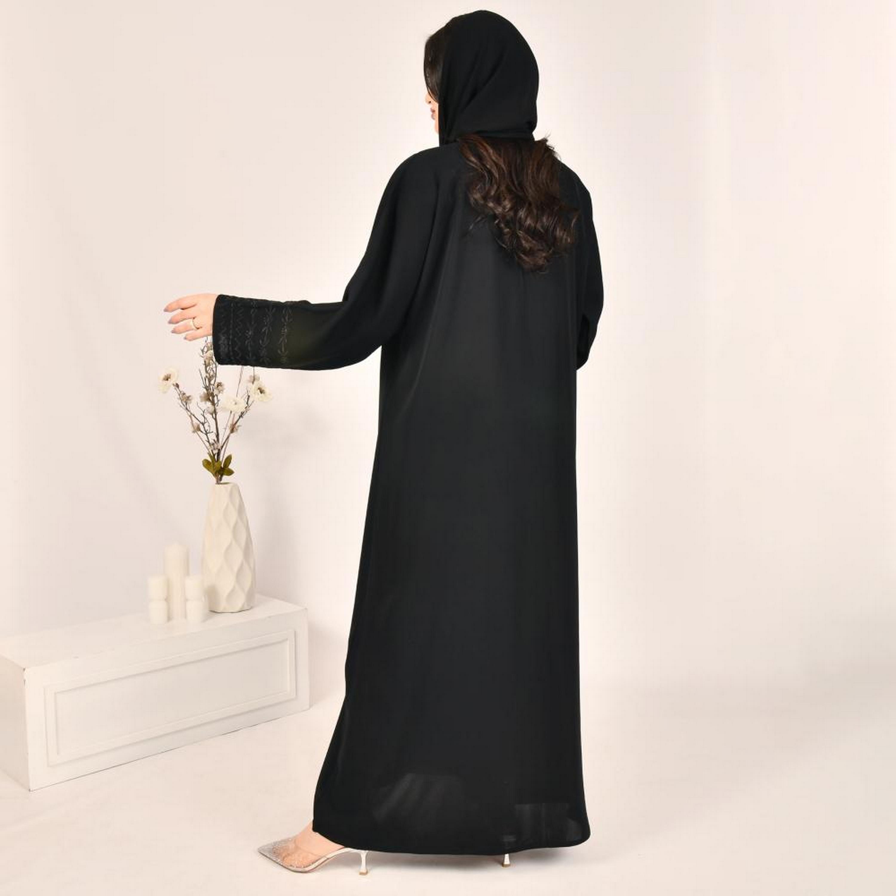 Beyond Abaya Black Embroidered Cuff Sleeves Linen Women's Abaya with Hijab-women-arabicclothing-abayas-image-4
