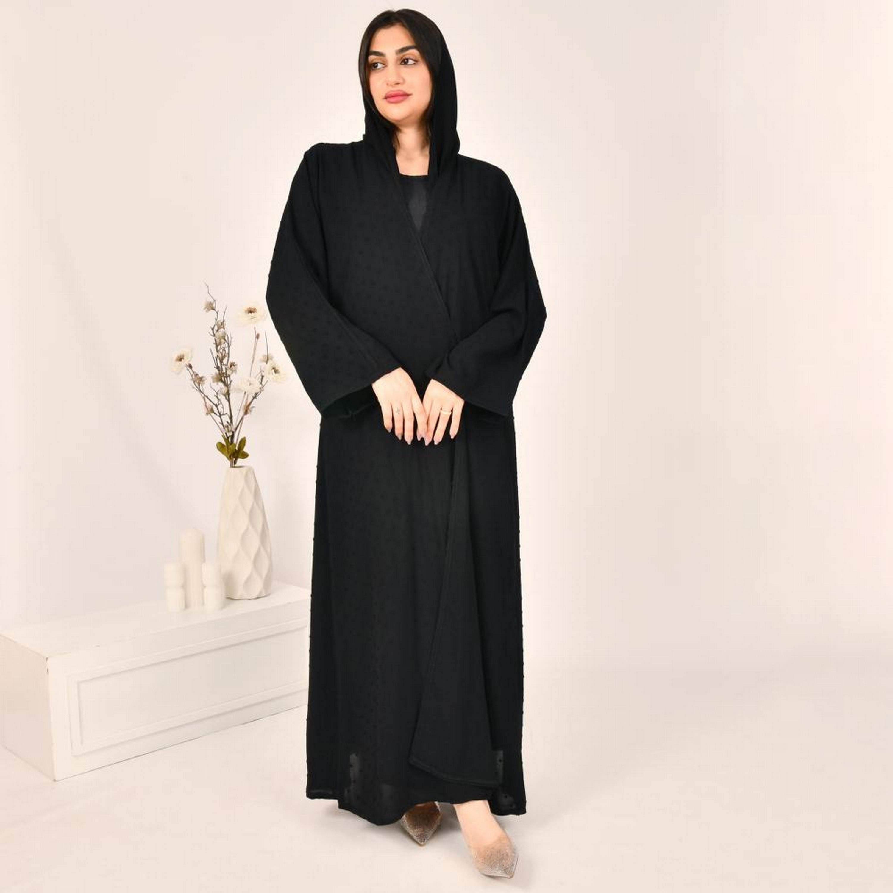 Beyond Abaya Black All-Over Dobby Wide Sleeves Linen Women's Abaya with Hijab-women-arabicclothing-abayas-image-1