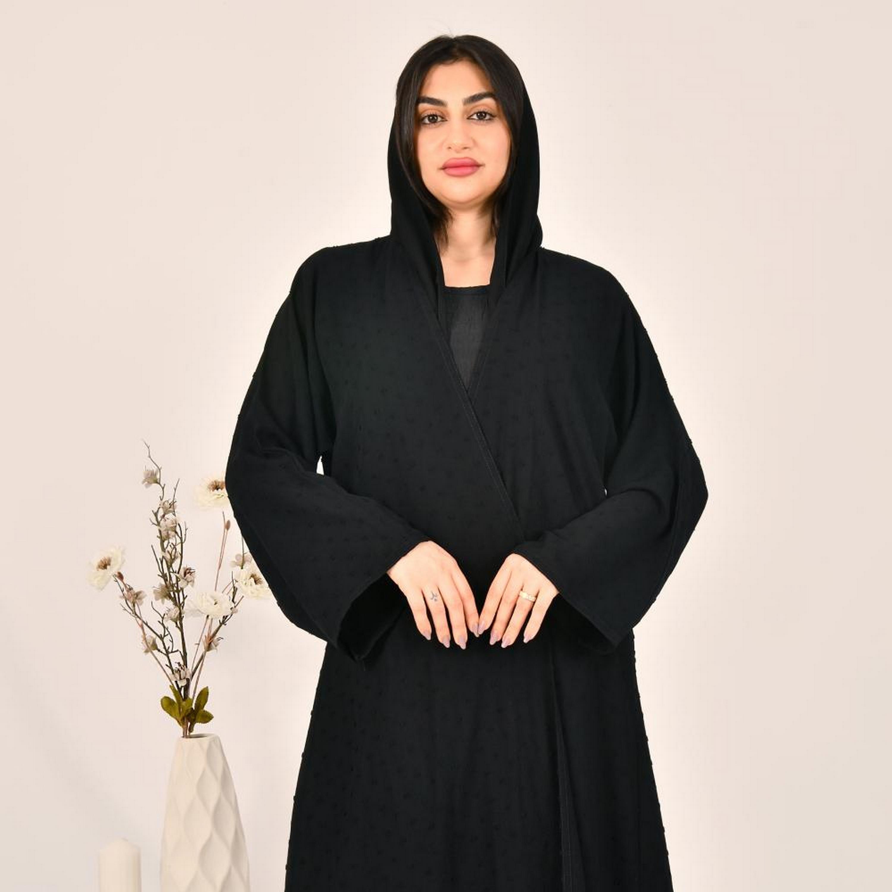 Beyond Abaya Black All-Over Dobby Wide Sleeves Linen Women's Abaya with Hijab-women-arabicclothing-abayas-image-2