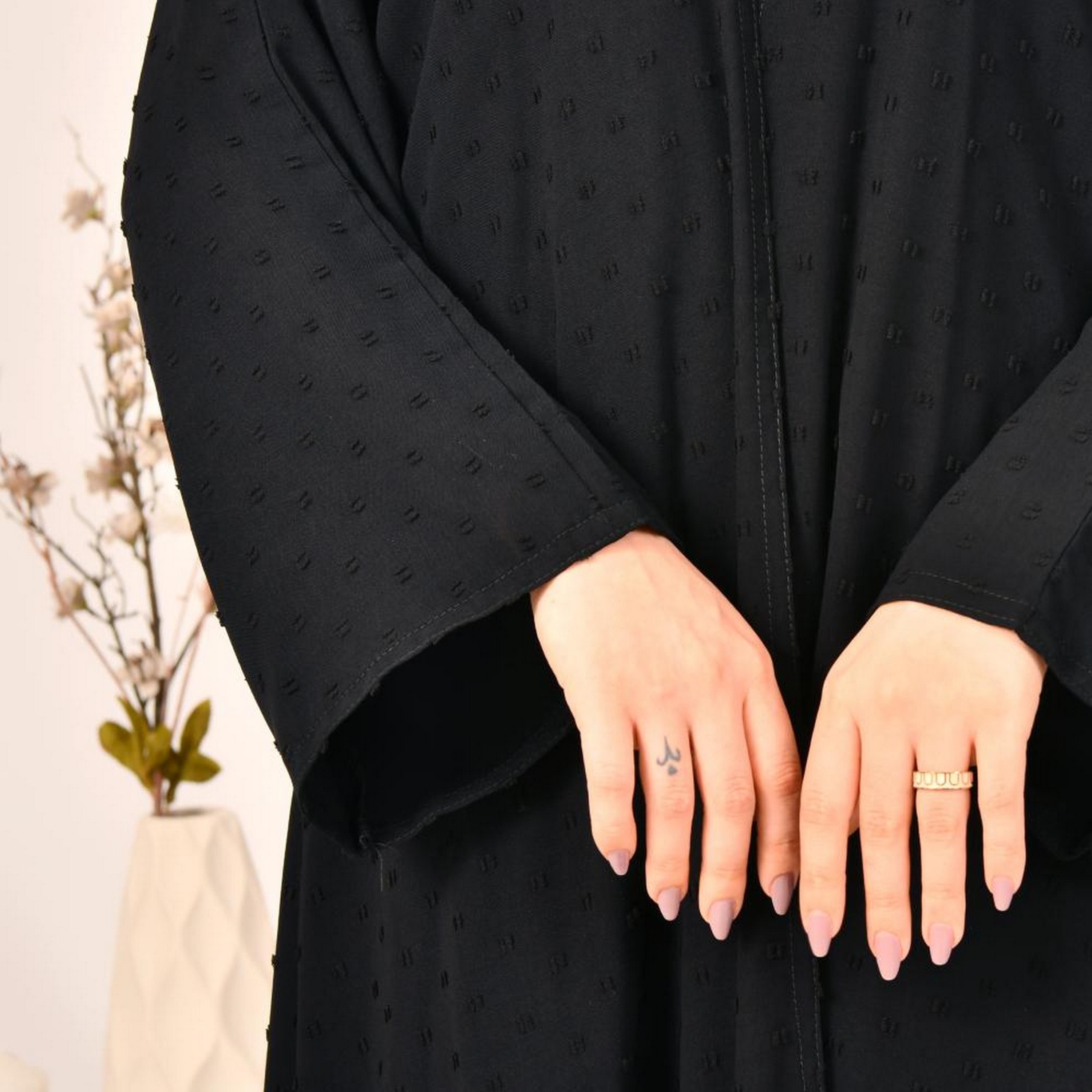 Beyond Abaya Black All-Over Dobby Wide Sleeves Linen Women's Abaya with Hijab-women-arabicclothing-abayas-image-3