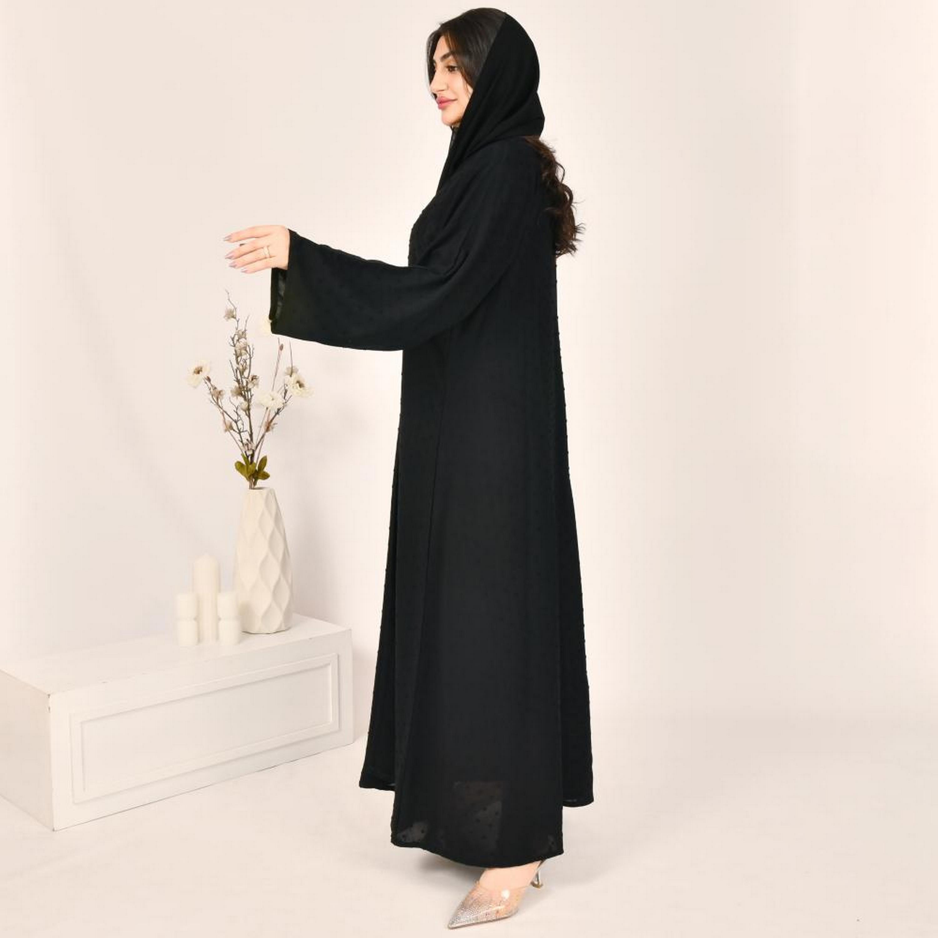 Beyond Abaya Black All-Over Dobby Wide Sleeves Linen Women's Abaya with Hijab-women-arabicclothing-abayas-image-4
