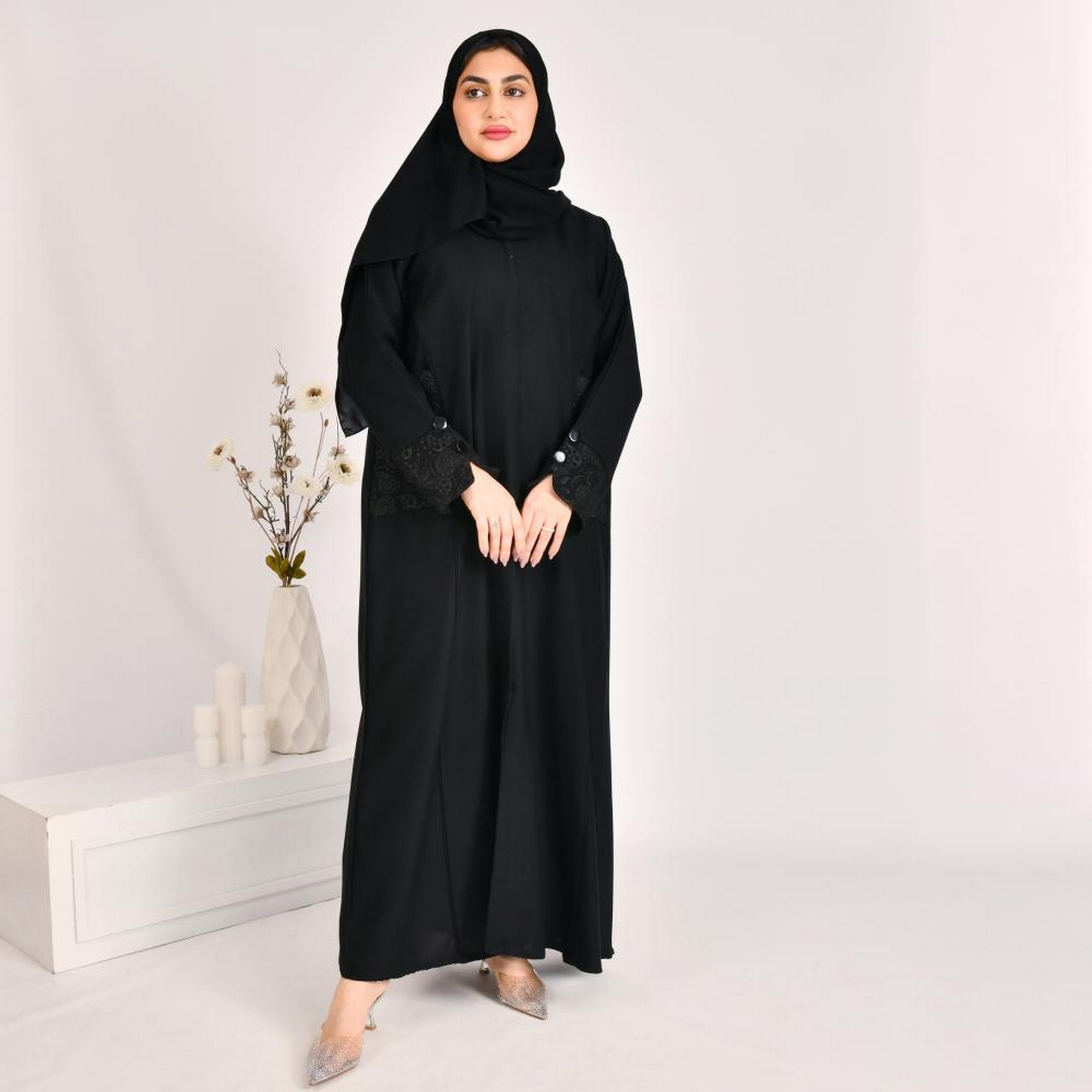 Beyond Abaya Black Jacquard Women's Abaya with Hijab-women-arabicclothing-abayas-image-1