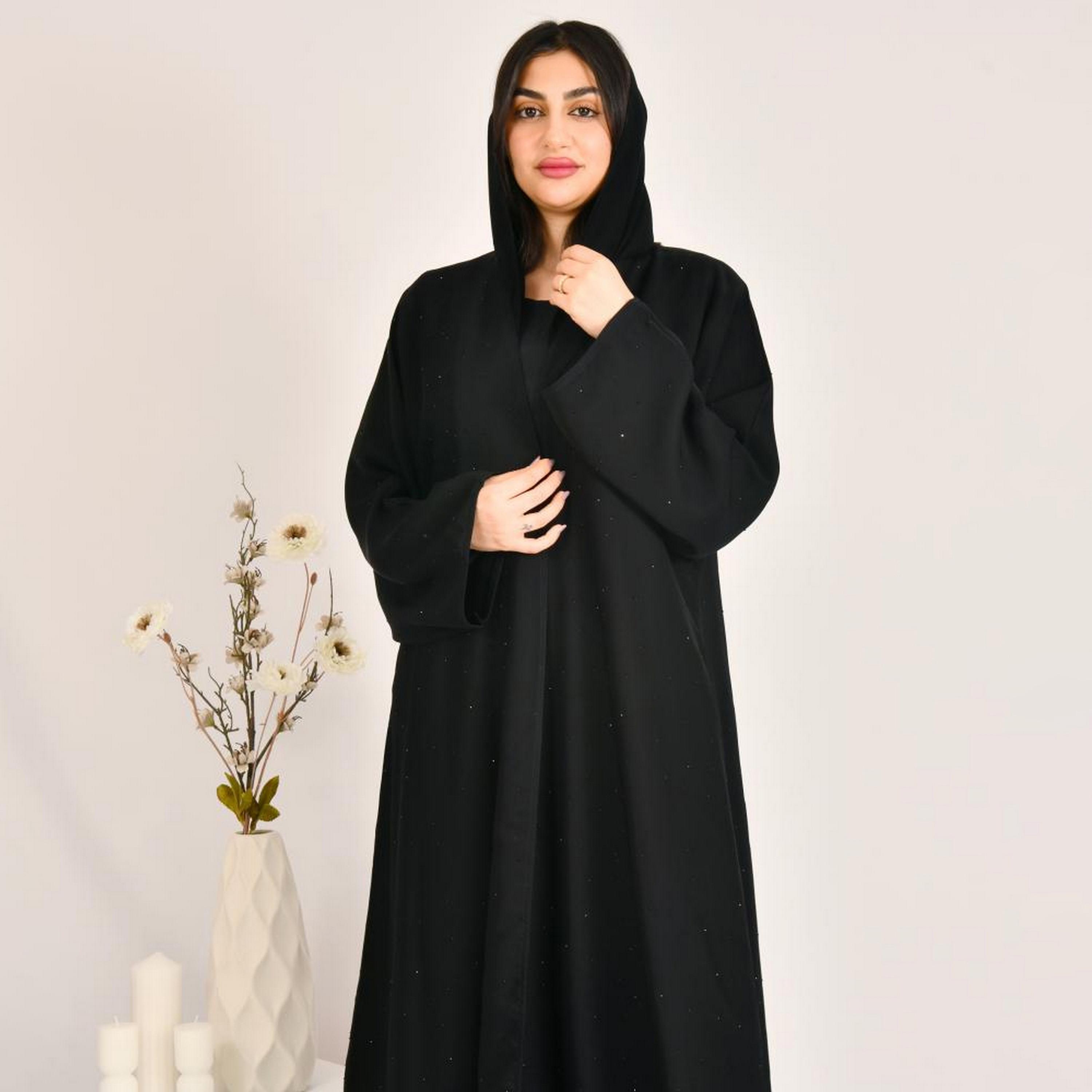 Beyond Abaya Black Sparkling Beads Wide Sleeves Linen Women's Quarter Cloche Abaya with Hijab-women-arabicclothing-abayas-image-1
