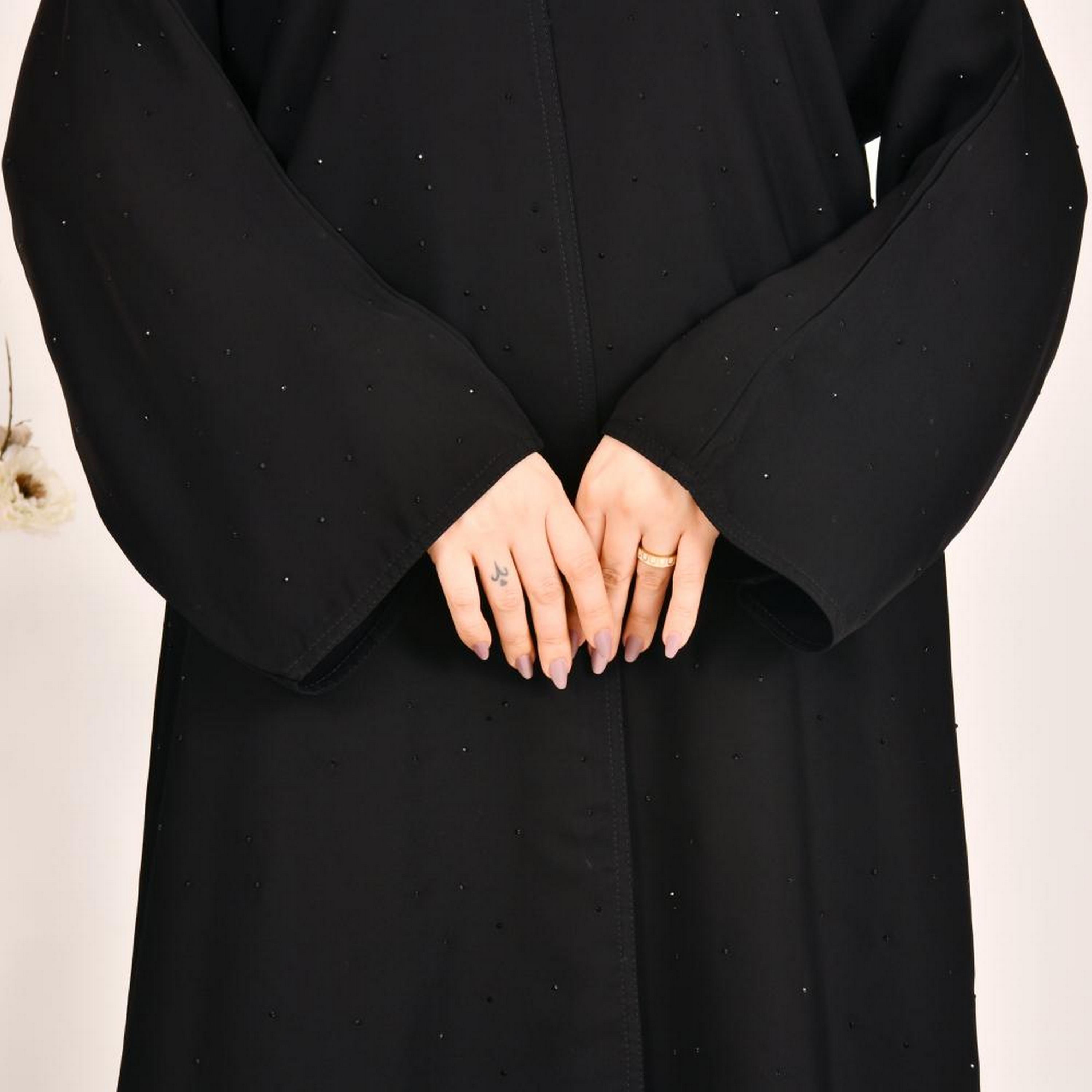 Beyond Abaya Black Sparkling Beads Wide Sleeves Linen Women's Quarter Cloche Abaya with Hijab-women-arabicclothing-abayas-image-2