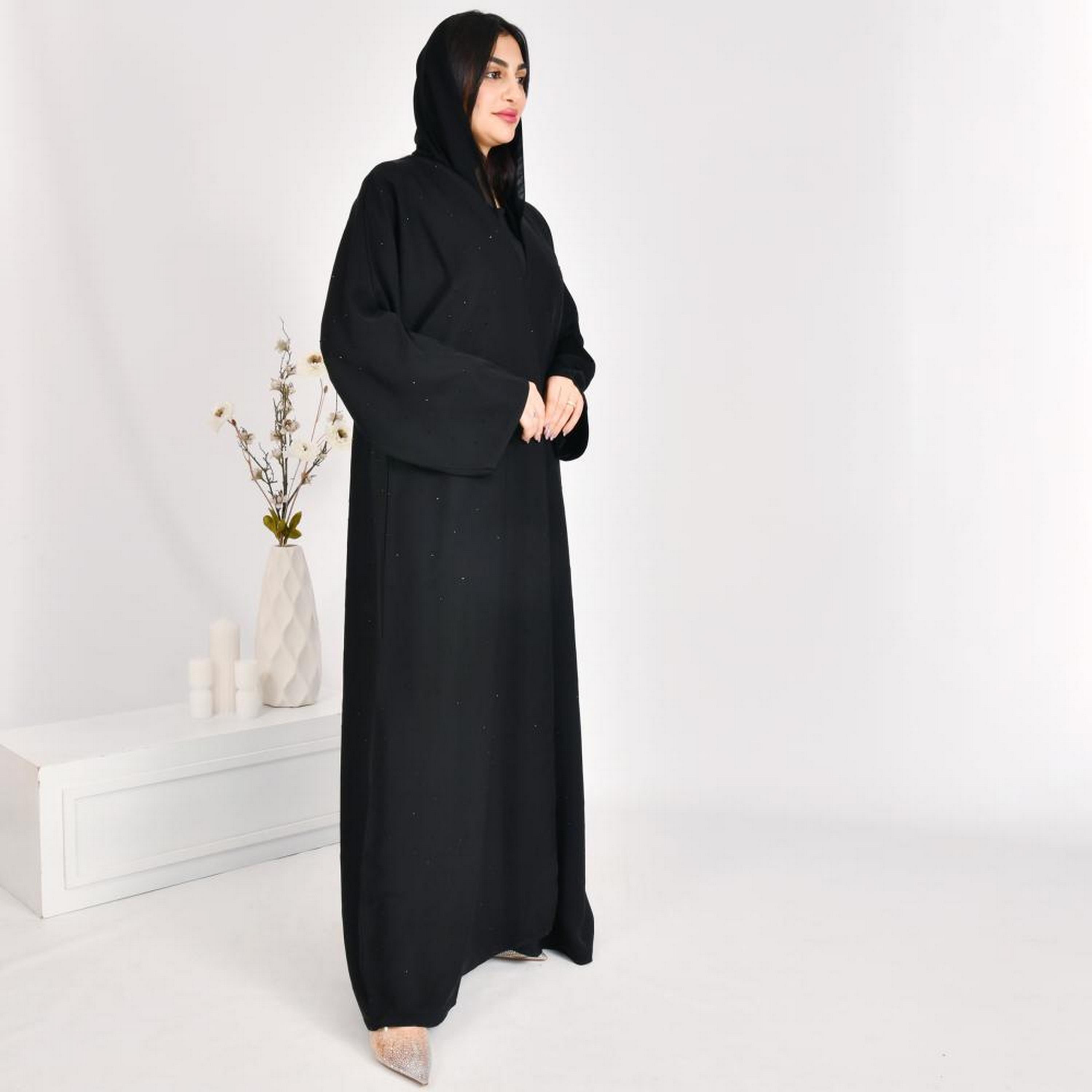 Beyond Abaya Black Sparkling Beads Wide Sleeves Linen Women's Quarter Cloche Abaya with Hijab-women-arabicclothing-abayas-image-3