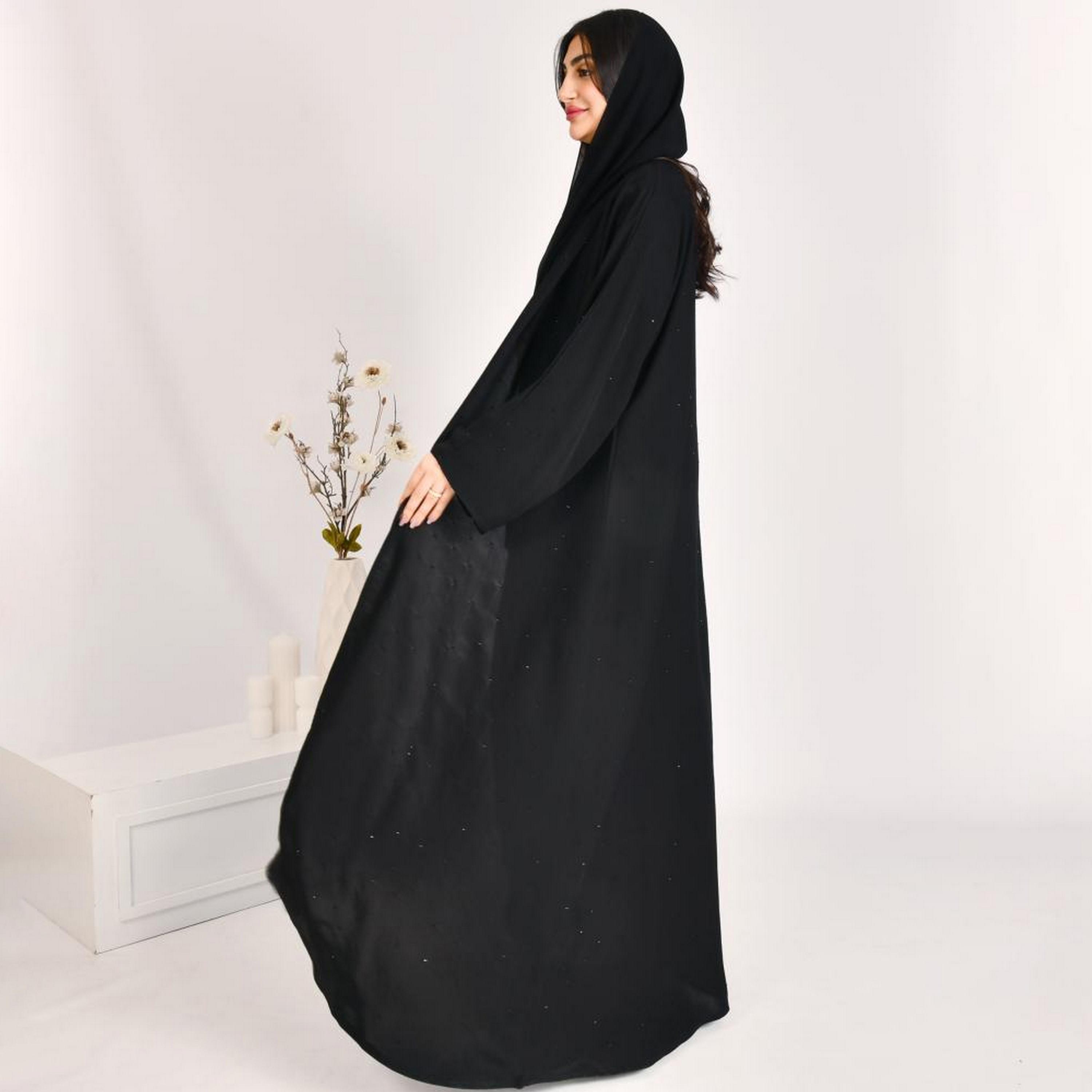 Beyond Abaya Black Sparkling Beads Wide Sleeves Linen Women's Quarter Cloche Abaya with Hijab-women-arabicclothing-abayas-image-4