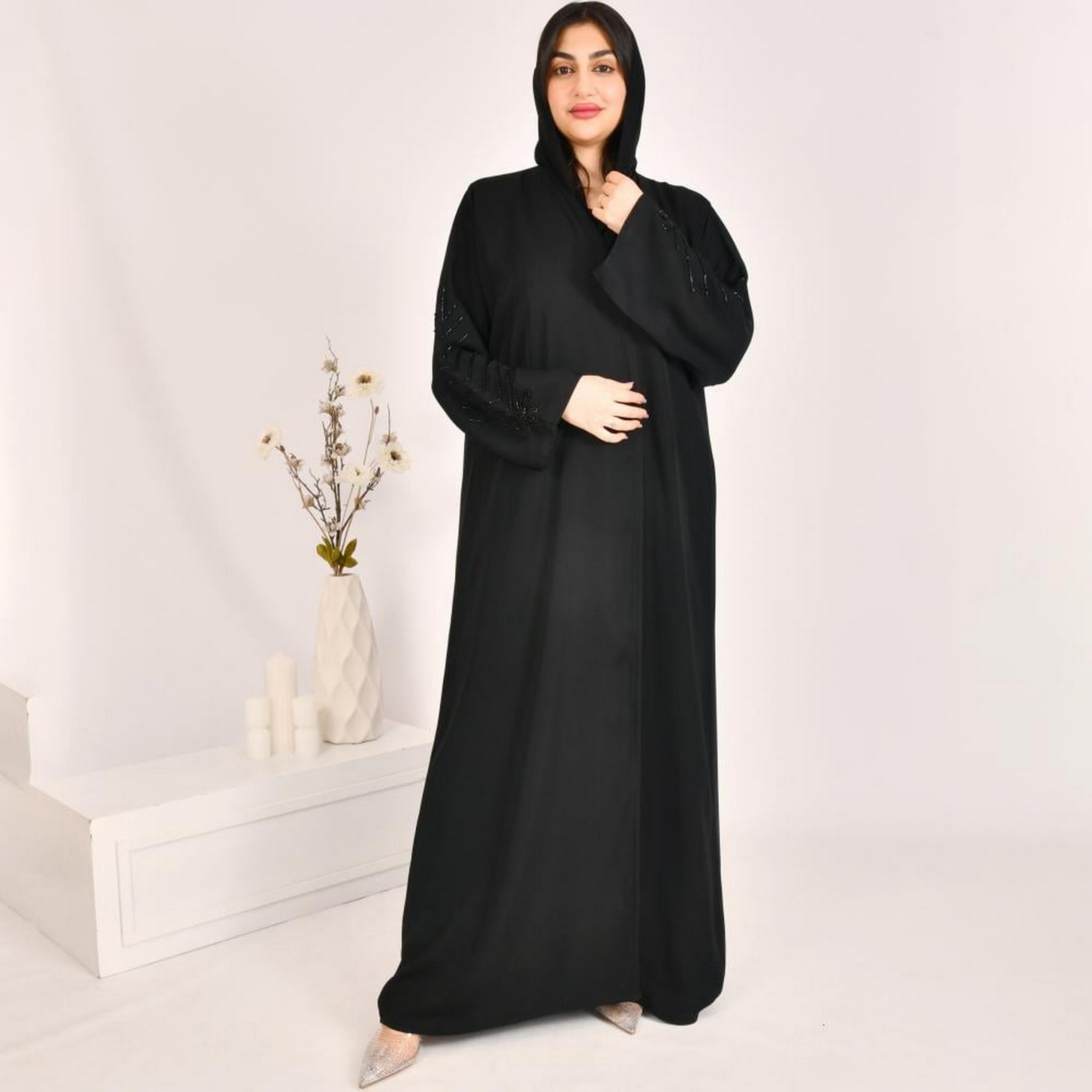 Beyond Abaya Black Bead Work Wide Sleeves Linen Women's Abaya with Hijab-women-arabicclothing-abayas-image-1
