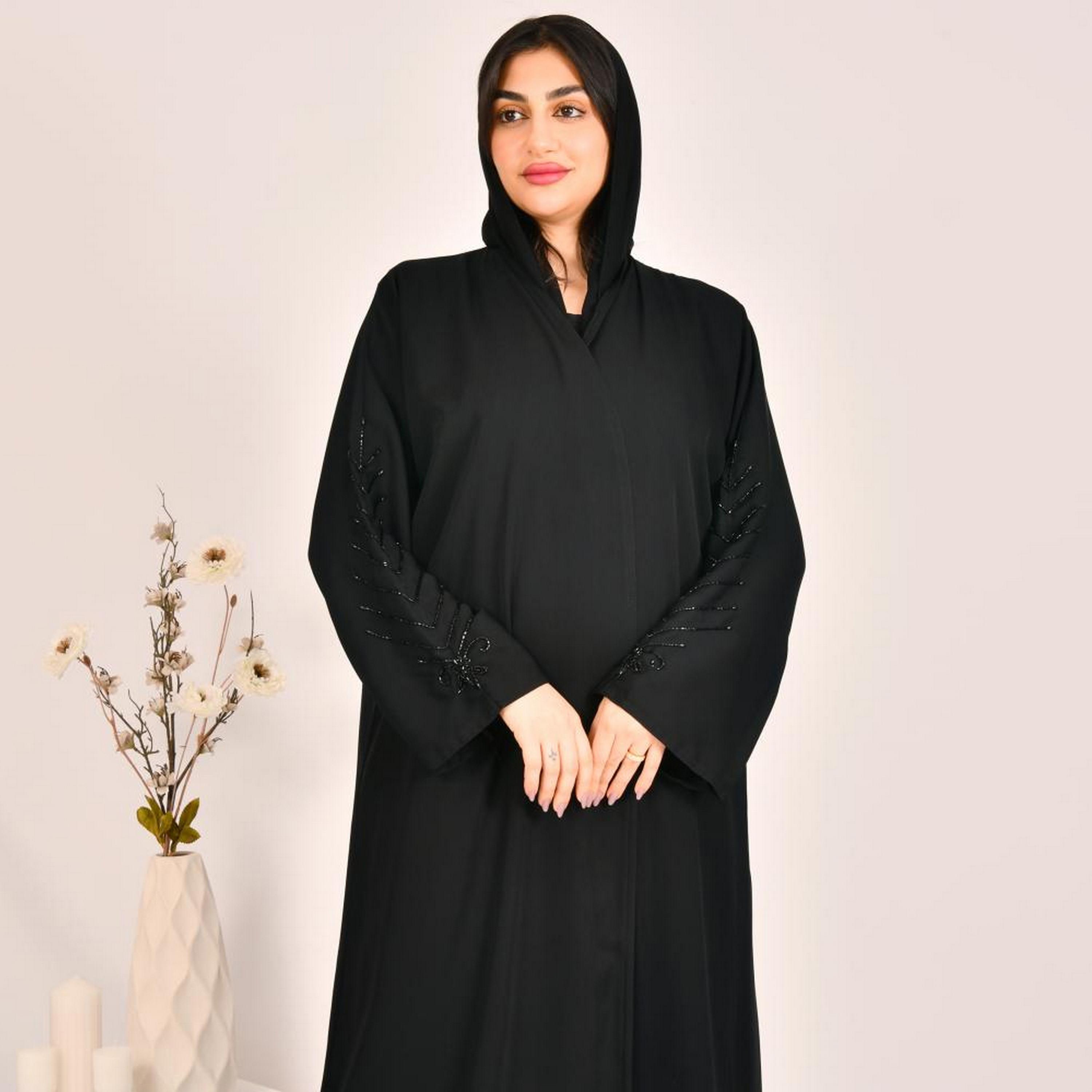 Beyond Abaya Black Bead Work Wide Sleeves Linen Women's Abaya with Hijab-women-arabicclothing-abayas-image-2