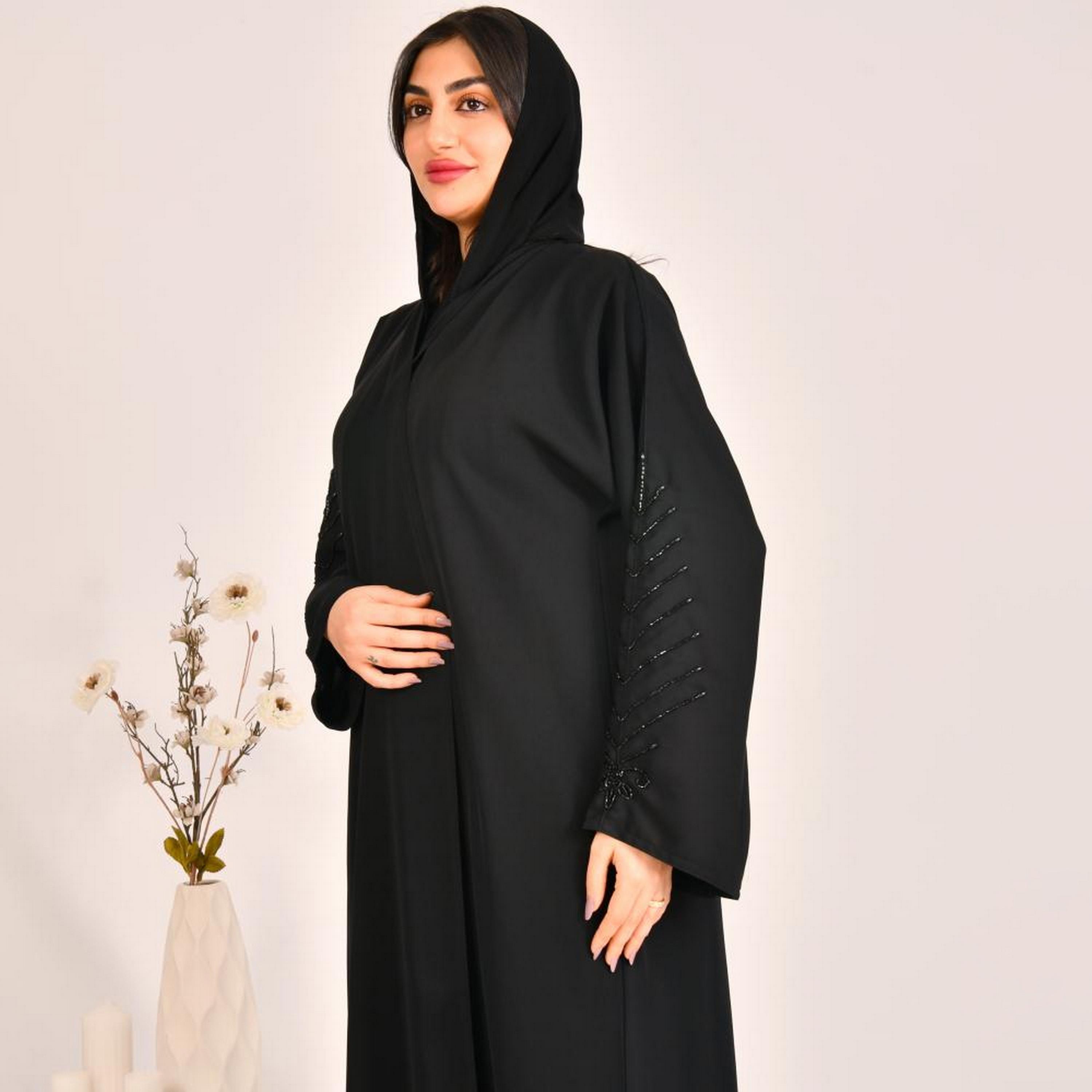 Beyond Abaya Black Bead Work Wide Sleeves Linen Women's Abaya with Hijab-women-arabicclothing-abayas-image-3