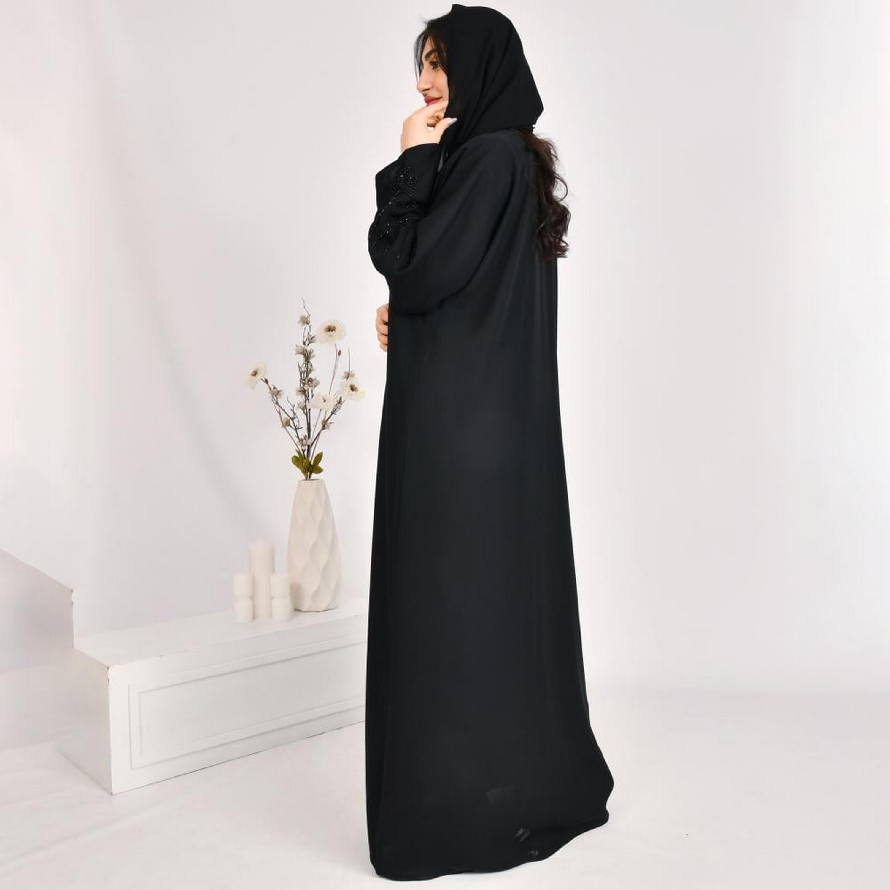 Beyond Abaya Black Bead Work Wide Sleeves Linen Women's Abaya with Hijab-women-arabicclothing-abayas-image-4