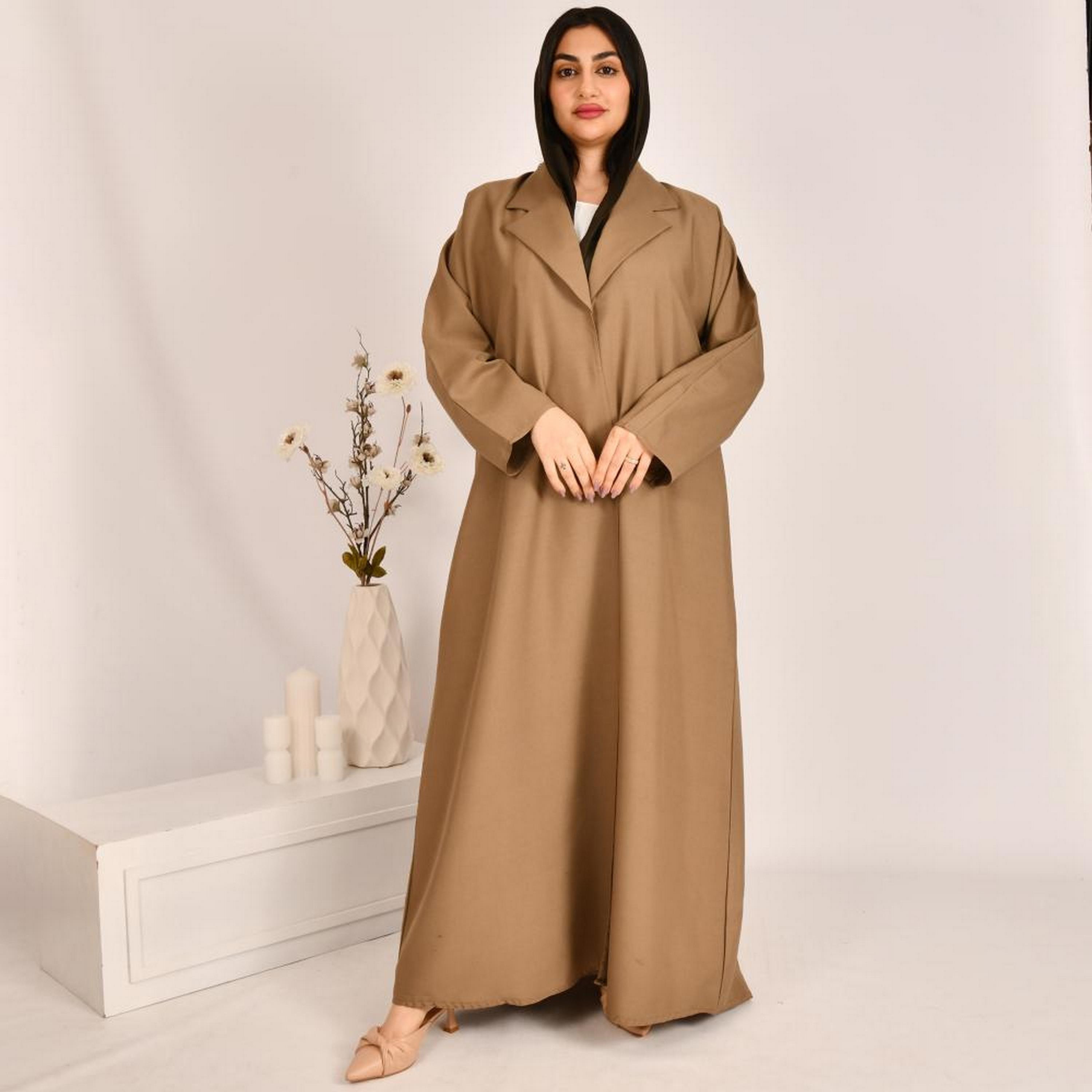 Beyond Abaya Beige Lapel Collar Linen Women's Coat Style Abaya with Hijab-women-arabicclothing-abayas-image-1