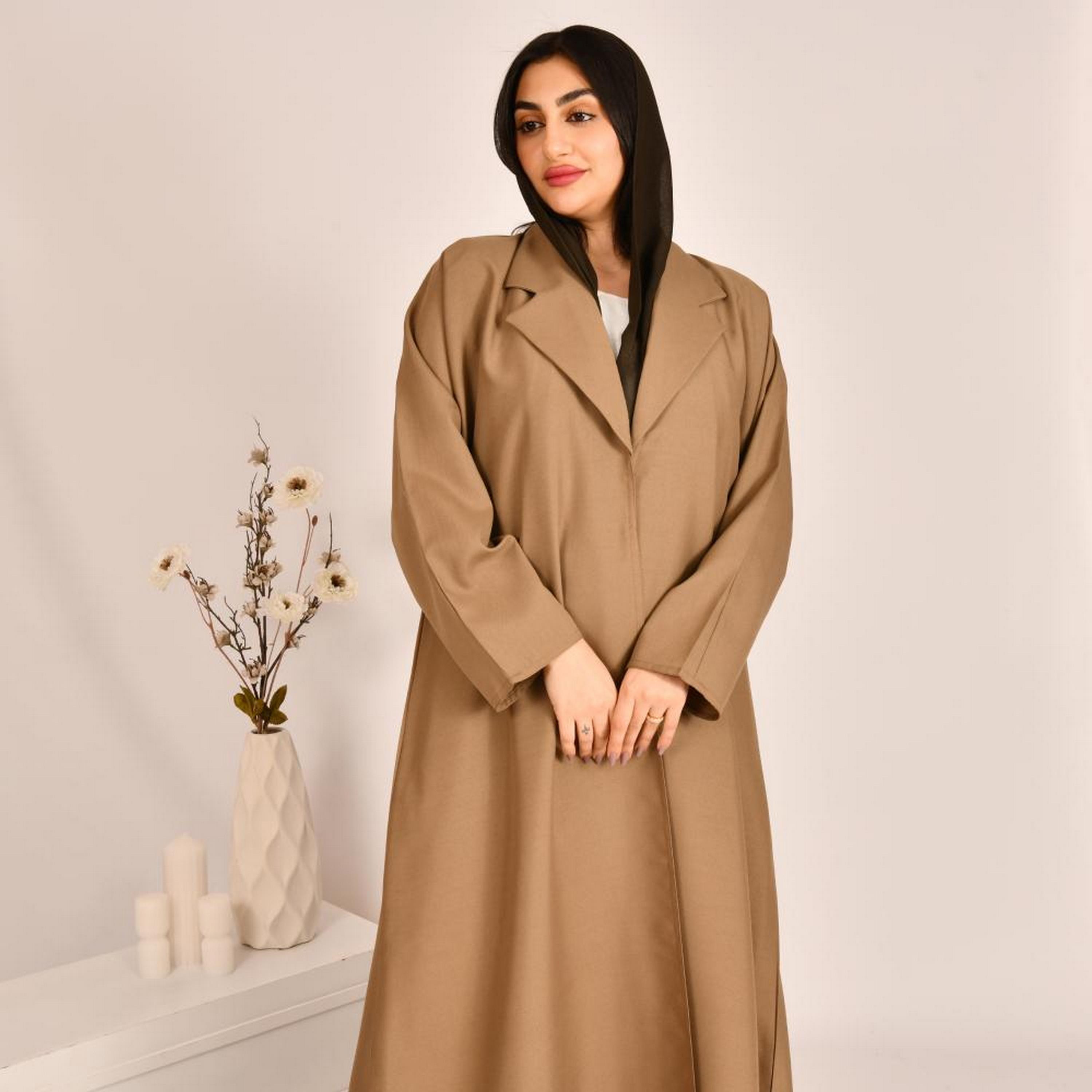 Beyond Abaya Beige Lapel Collar Linen Women's Coat Style Abaya with Hijab-women-arabicclothing-abayas-image-2