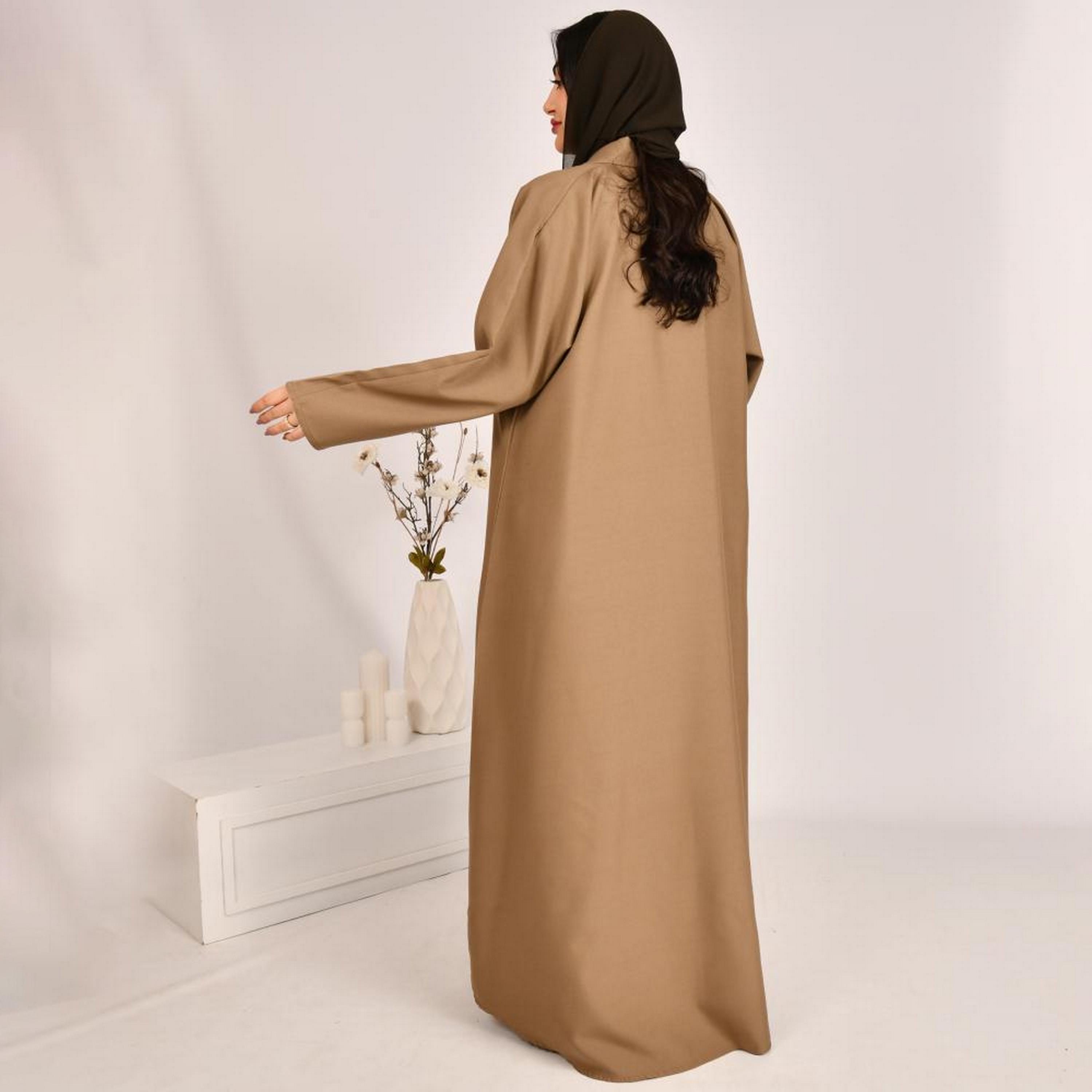 Beyond Abaya Beige Lapel Collar Linen Women's Coat Style Abaya with Hijab-women-arabicclothing-abayas-image-4