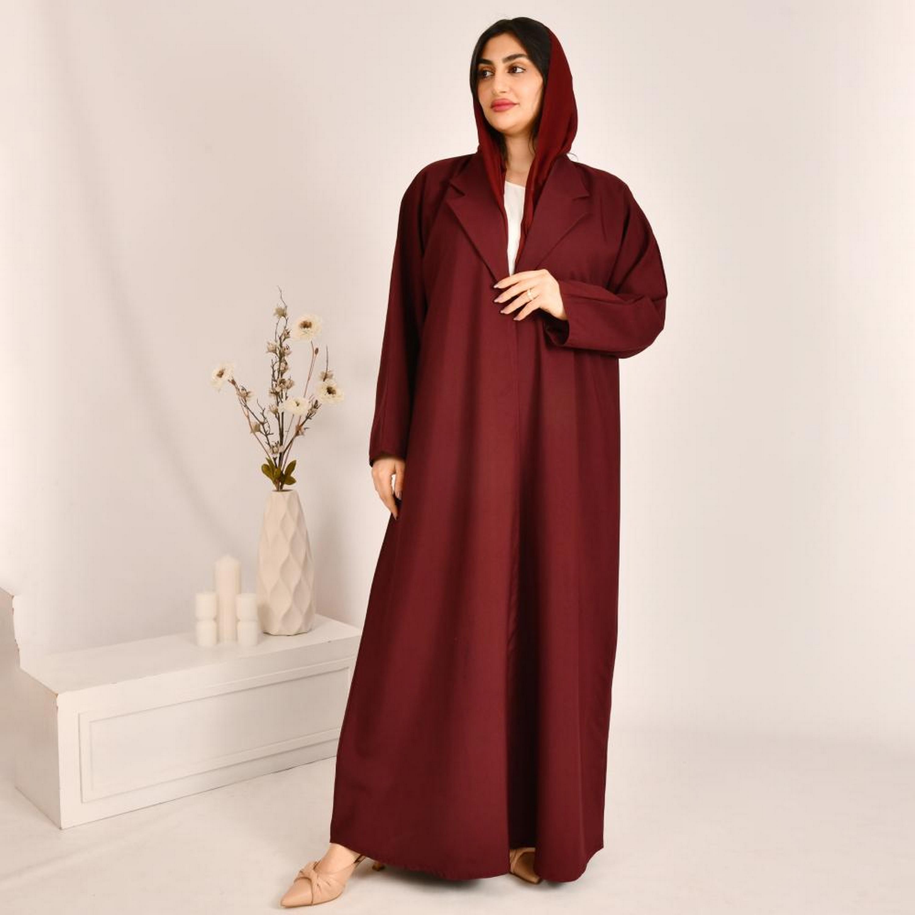 Beyond Abaya Red Lapel Collar Linen Women's Coat Style Abaya with Hijab-women-arabicclothing-abayas-image-1