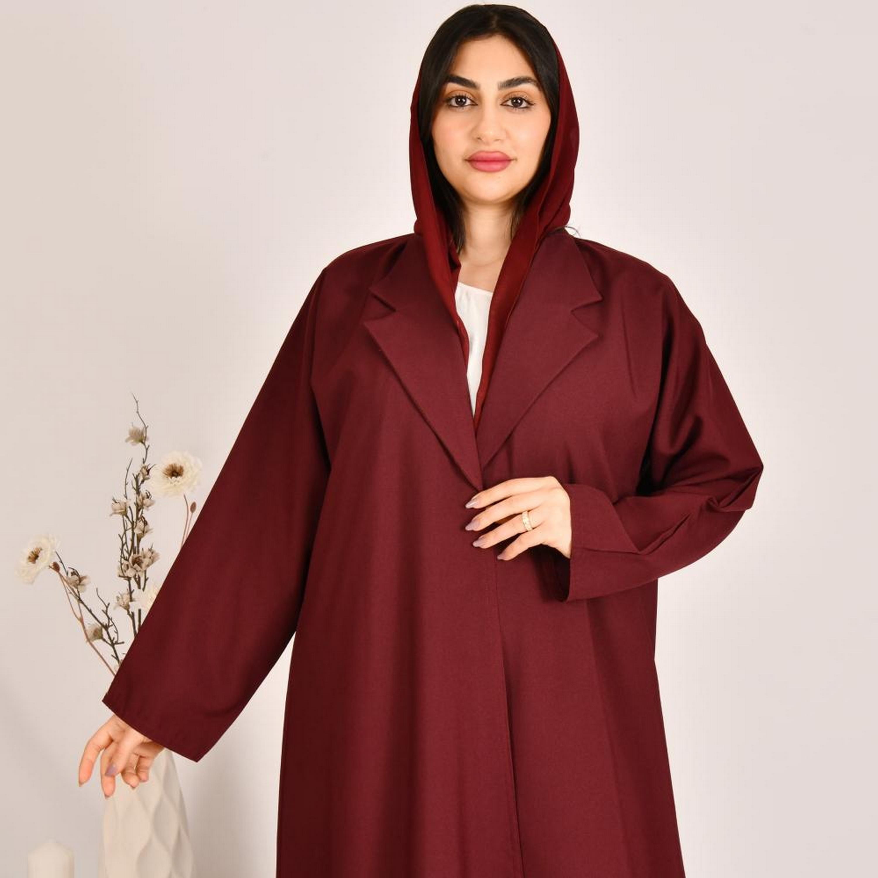 Beyond Abaya Red Lapel Collar Linen Women's Coat Style Abaya with Hijab-women-arabicclothing-abayas-image-3
