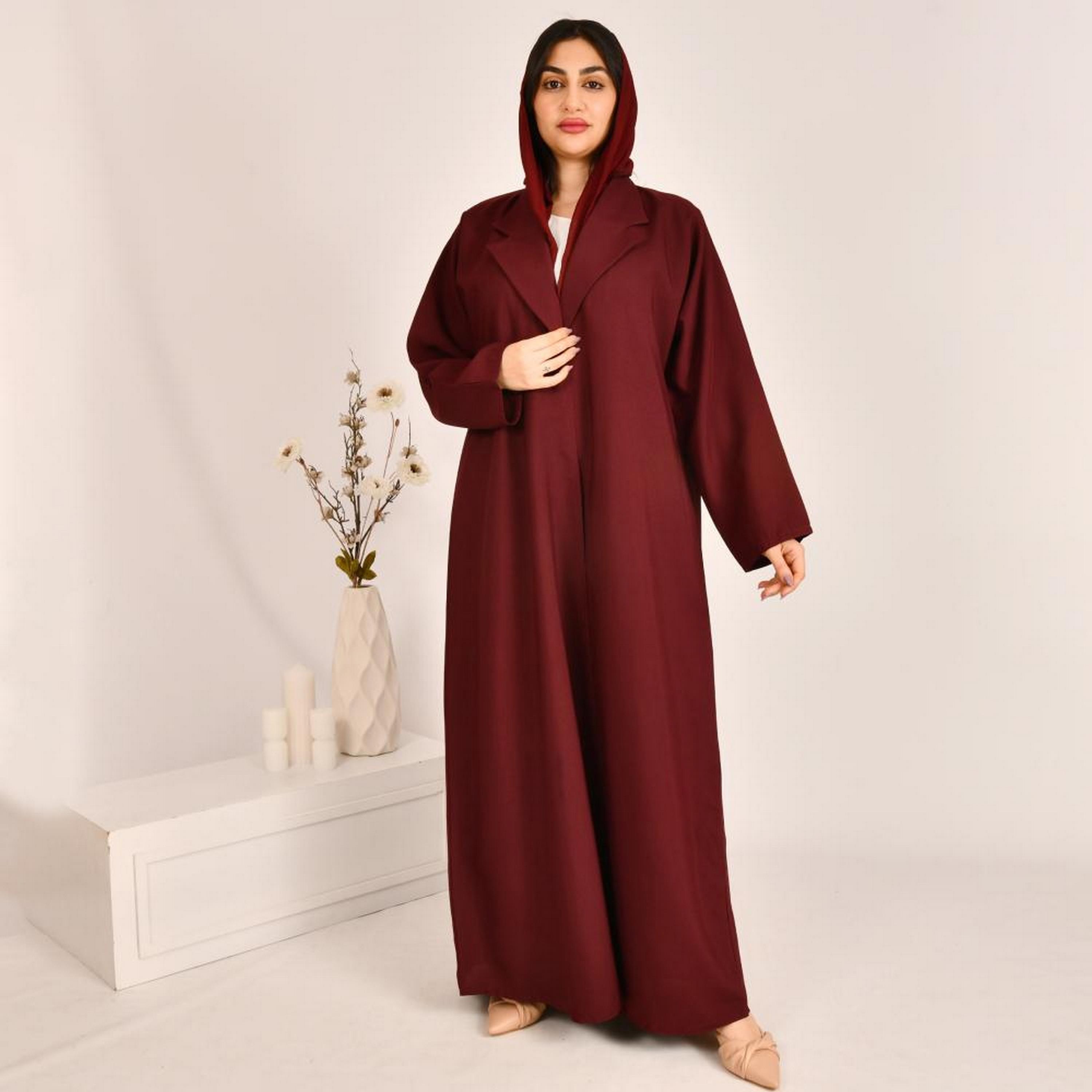 Beyond Abaya Red Lapel Collar Linen Women's Coat Style Abaya with Hijab-women-arabicclothing-abayas-image-4