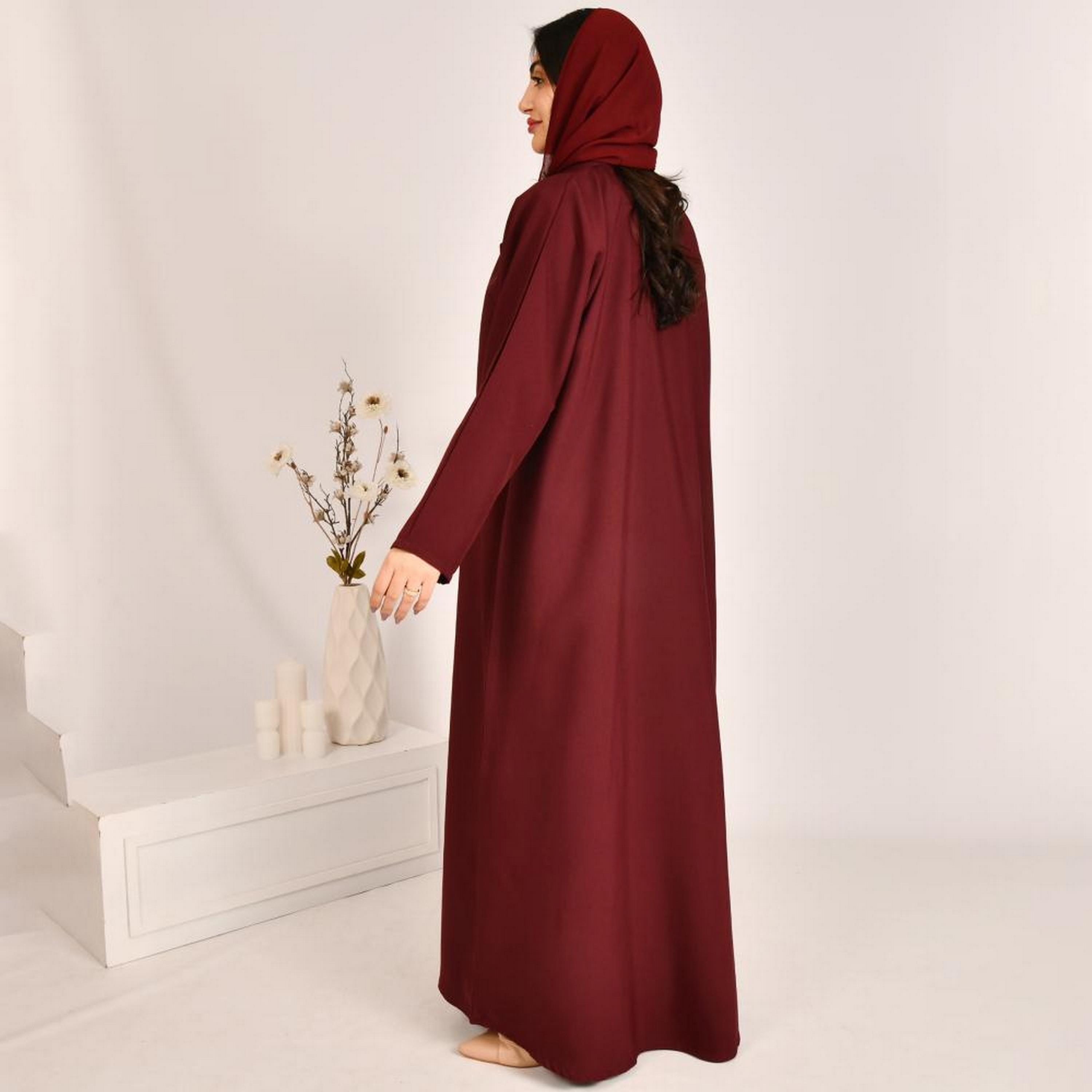 Beyond Abaya Red Lapel Collar Linen Women's Coat Style Abaya with Hijab-women-arabicclothing-abayas-image-5