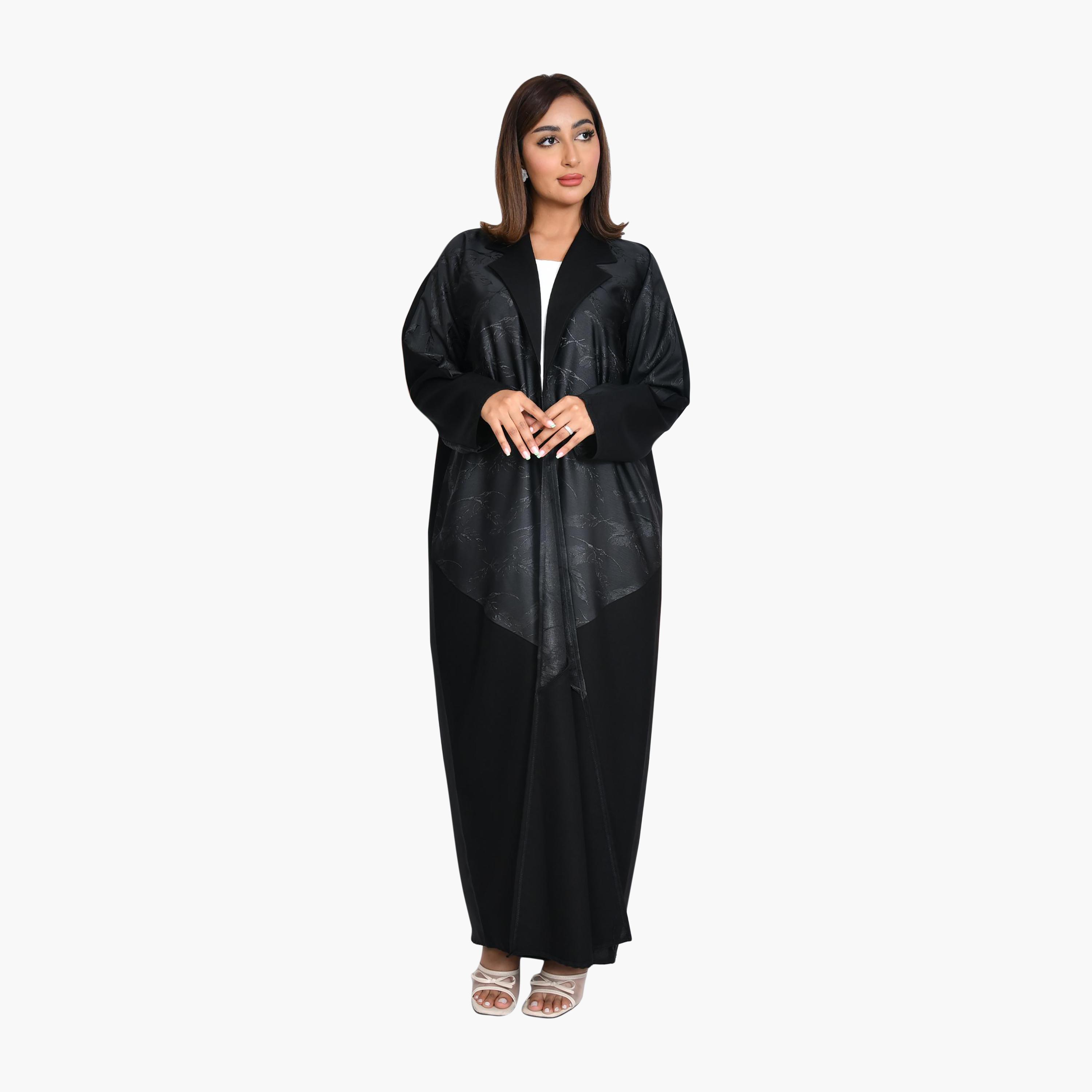 Beyond Abaya Black Jacquard Lapel Collar Linen Women's Straight-Cut Abaya-women-arabicclothing-abayas-image-1