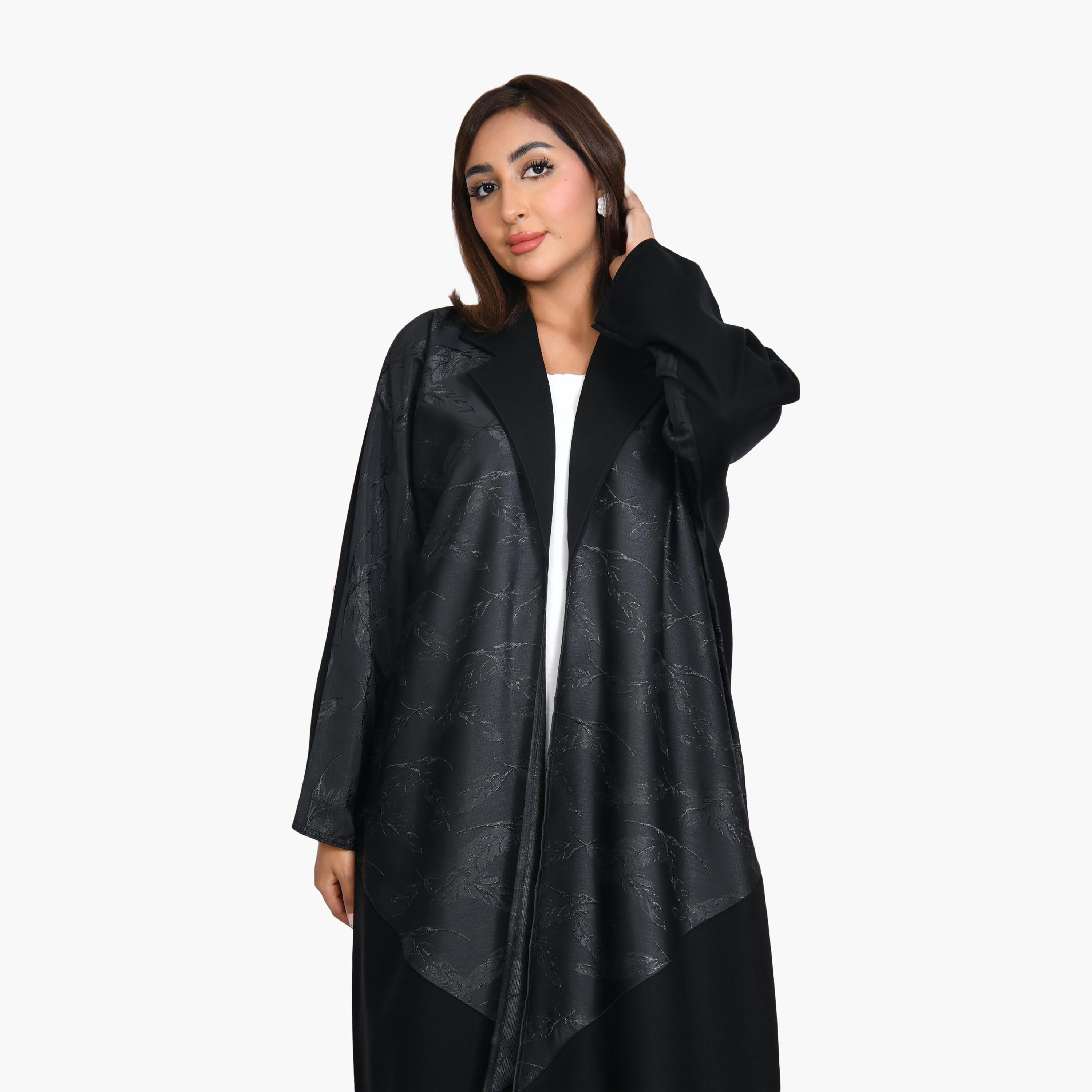 Beyond Abaya Black Jacquard Lapel Collar Linen Women's Straight-Cut Abaya-women-arabicclothing-abayas-image-2